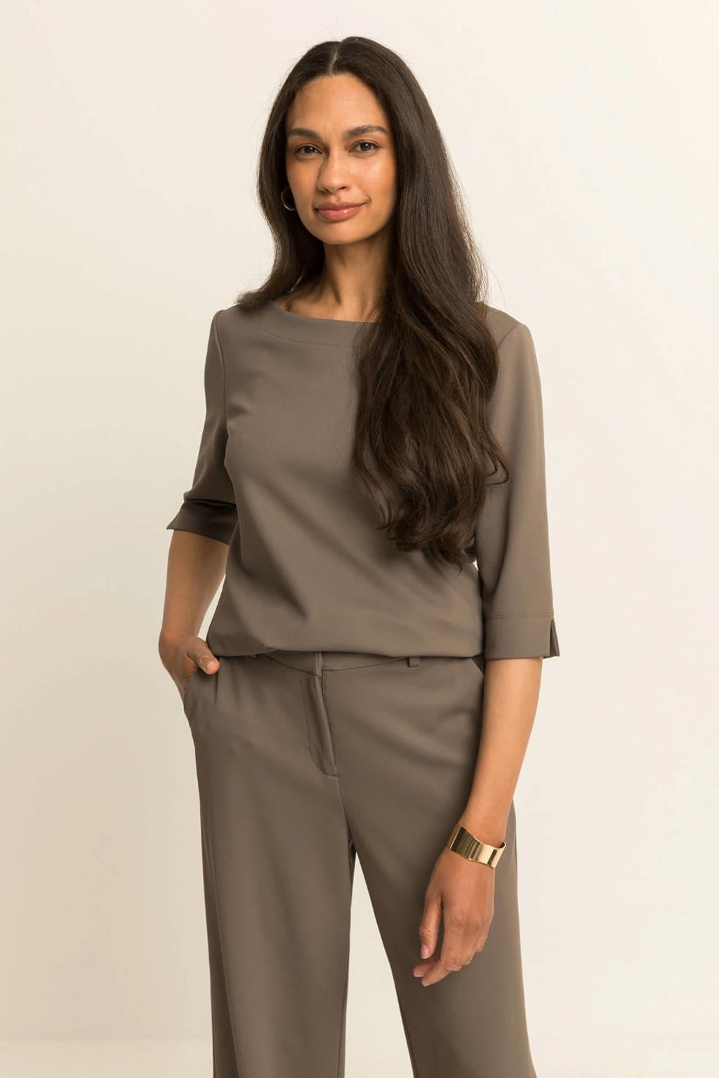 Bruine dames Expresso jersey top met effen, driekwart mouwen en ronde hals