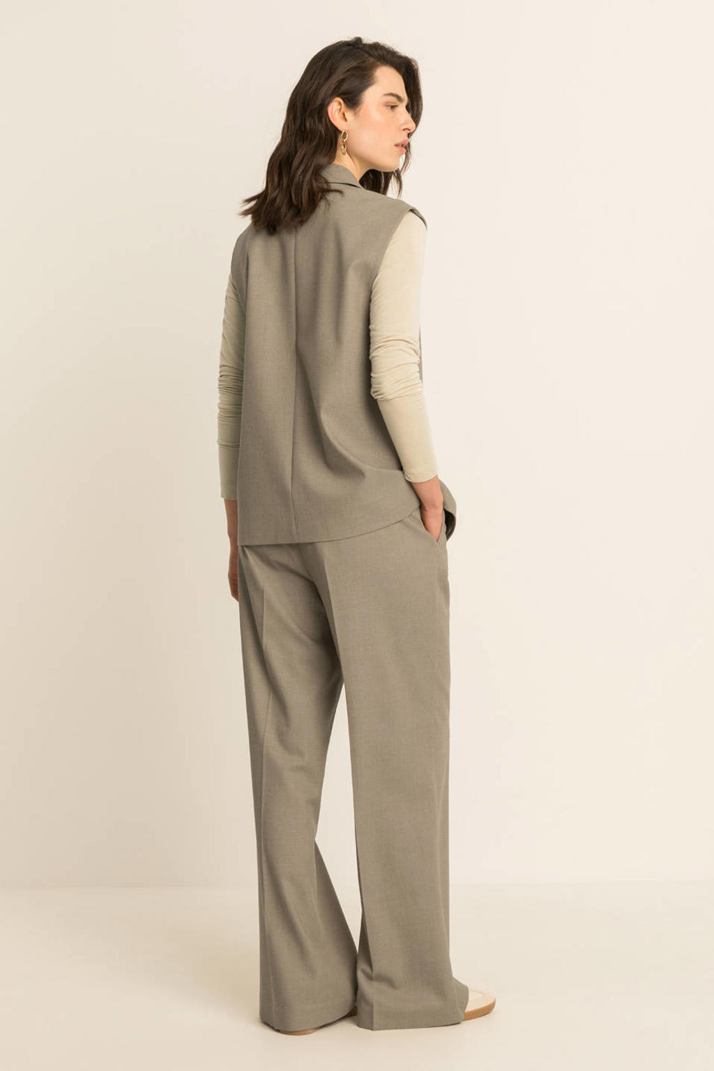 Beige dames Expresso gilet van wol met effen, reverskraag en knoopsluiting