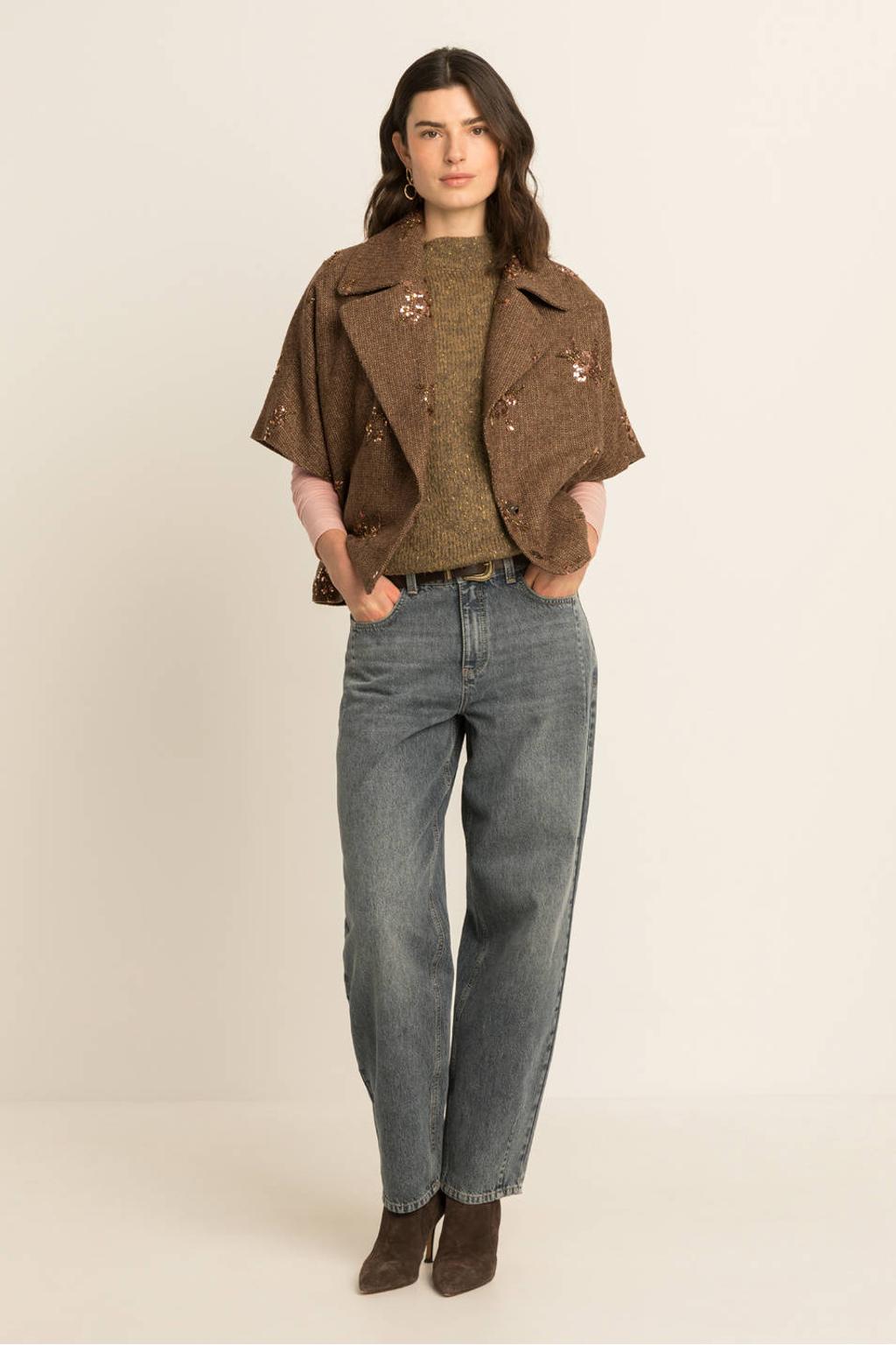 Bruine dames Expresso geruite oversized blazer van wol met lange mouwen, reverskraag en knoopsluiting