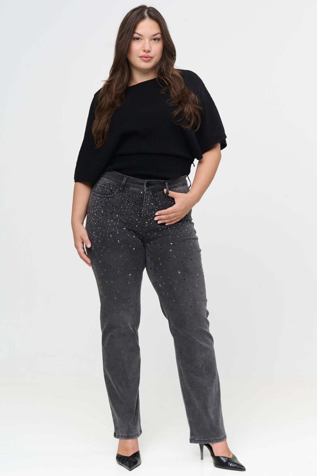 Fox Factor Plus Size high waist straight leg jeans met strass-steentjes - grijs