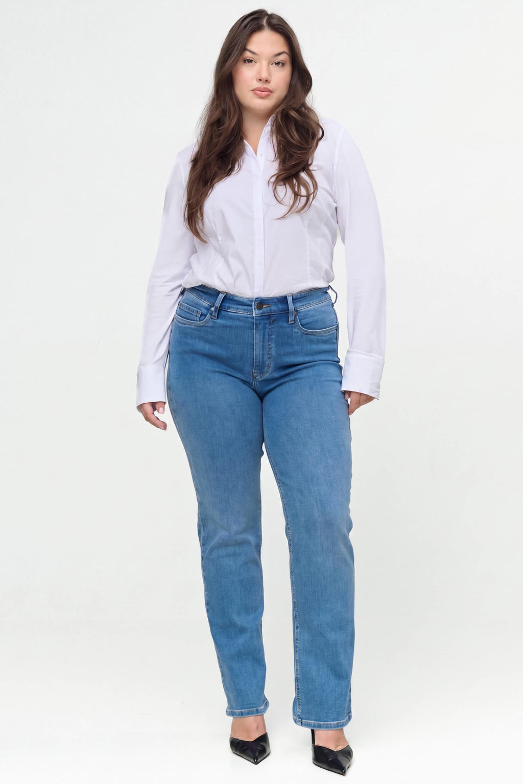 Medium blue denim dames Fox Factor Plus Size high waist straight leg jeans mediumblauw van denim met rits- en knoopsluiting en effen