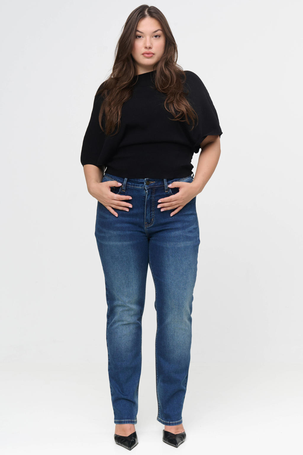Dark blue denim dames Fox Factor Plus Size straight leg jeans van denim met rits- en knoopsluiting en effen