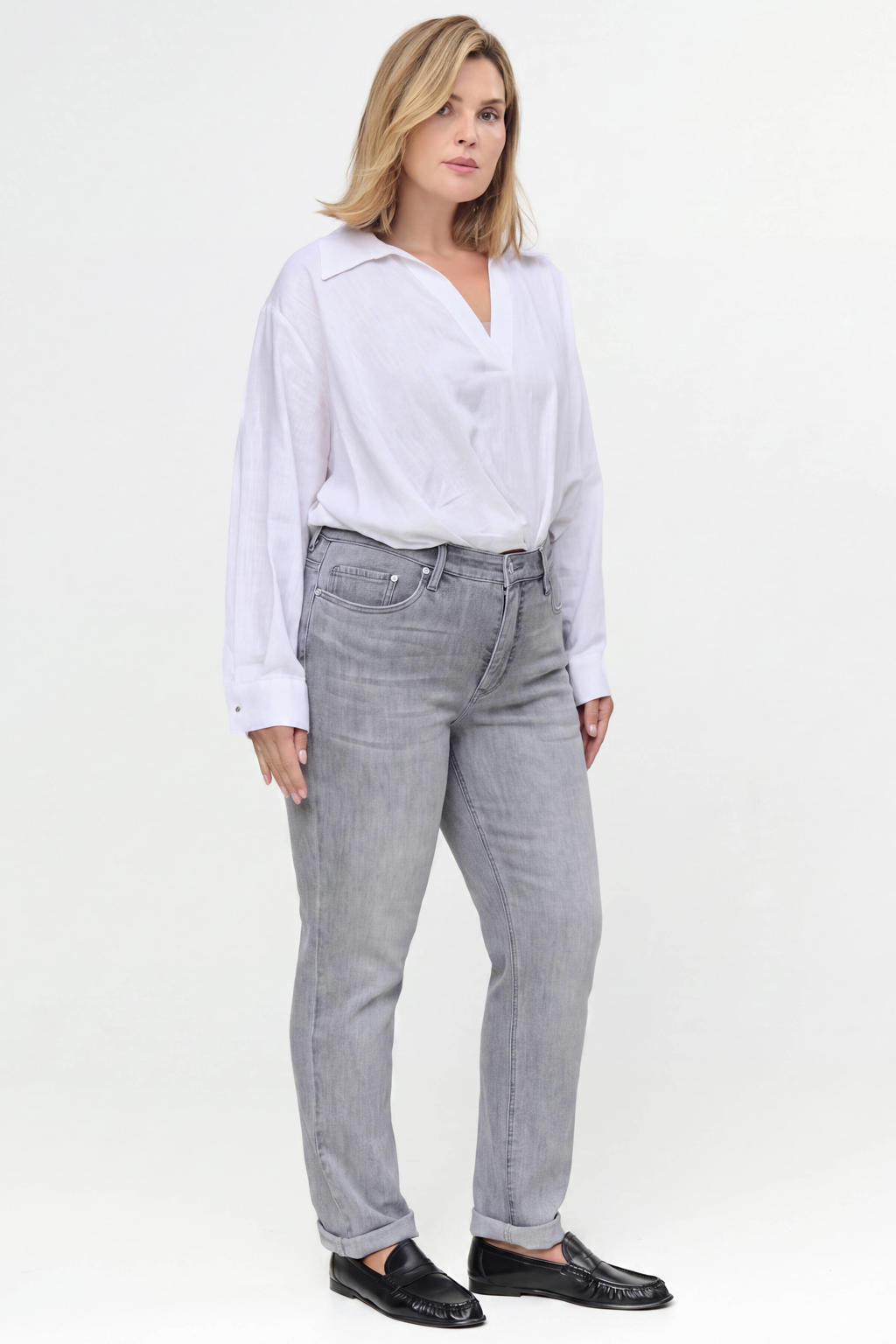 Grey denim dames Fox Factor Plus Size straight leg jeans van denim met rits- en knoopsluiting en effen