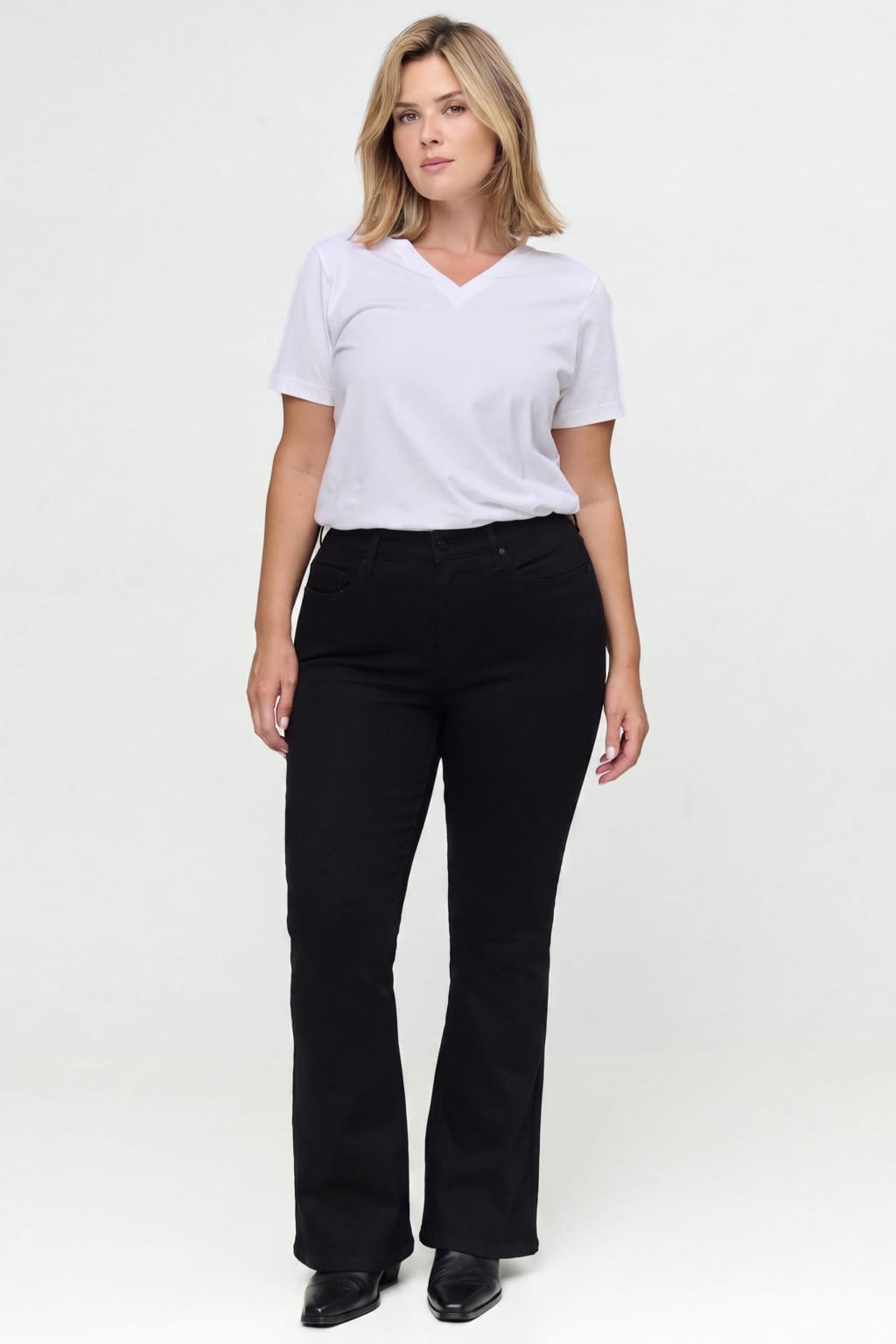 Black denim dames Fox Factor Plus Size flared jeans van denim met high waist, rits- en knoopsluiting en effen