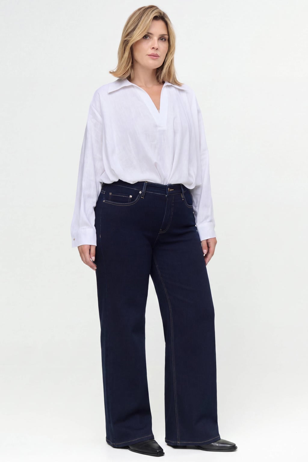 Dark blue denim dames Fox Factor Plus Size wide leg jeans van denim met high waist, rits- en knoopsluiting en effen