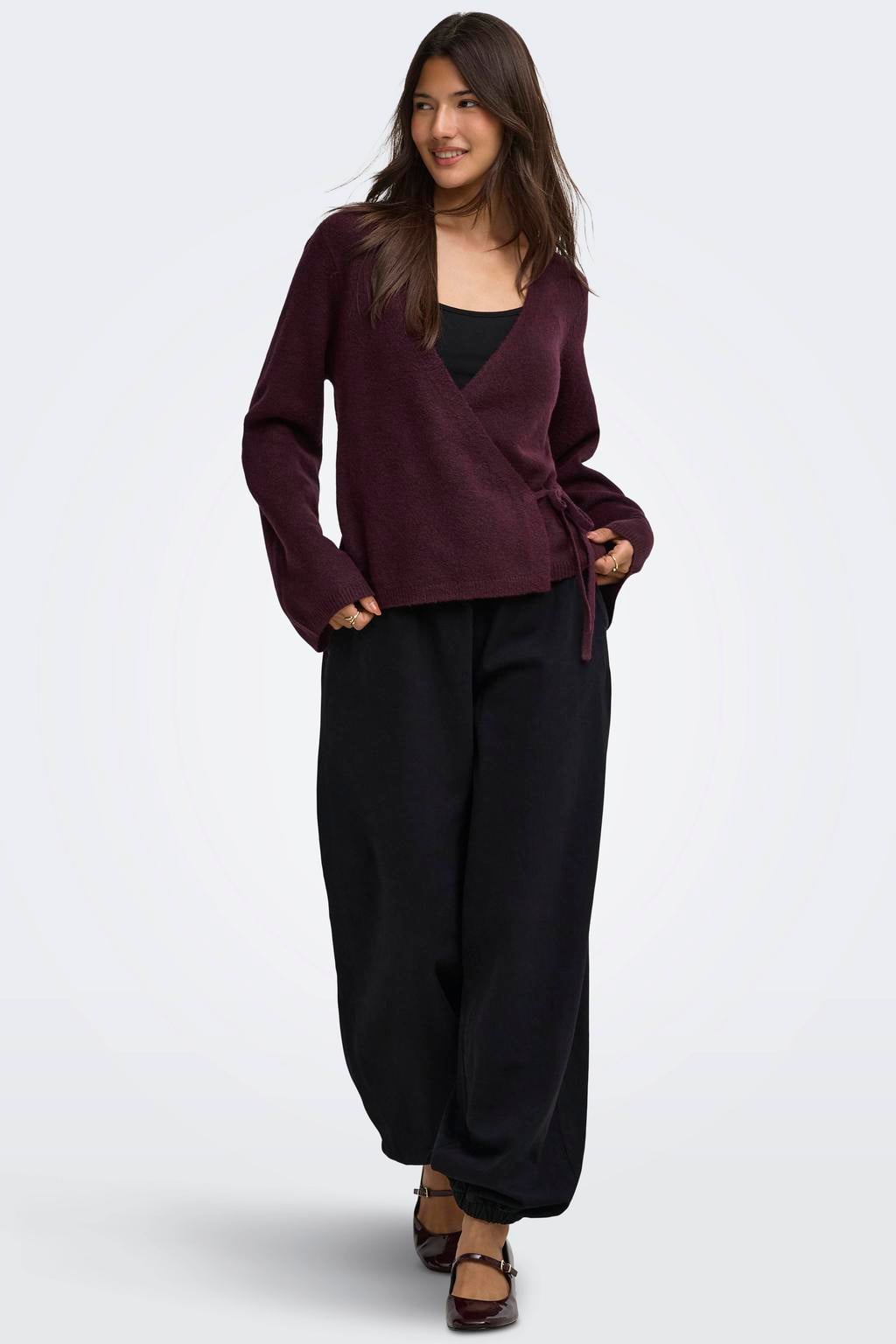Donkerpaarse dames JDY wikkelvest van polyester met effen, lange mouwen, V-hals, vouwsluiting en overslag detail