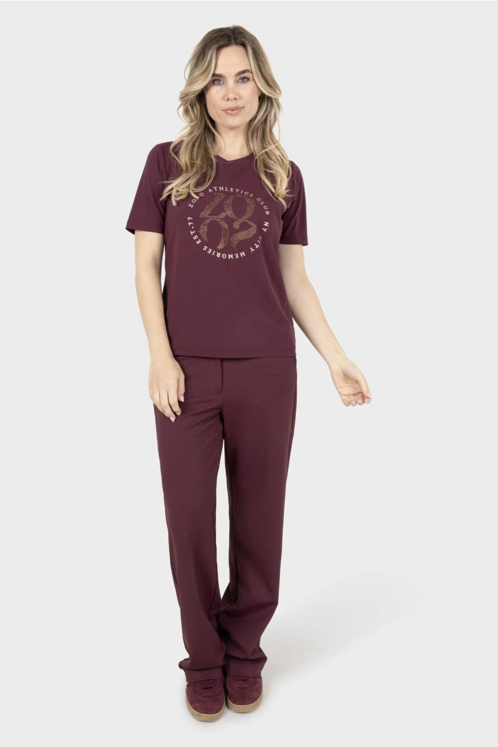 Donkerrode dames Zoso T-shirt van polyamide met printopdruk, korte mouwen en ronde hals