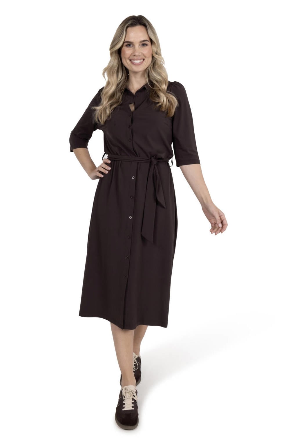 Donkerblauwe dames Zoso travelstof blousejurk met effen, driekwart mouwen, klassieke kraag en knoopsluiting