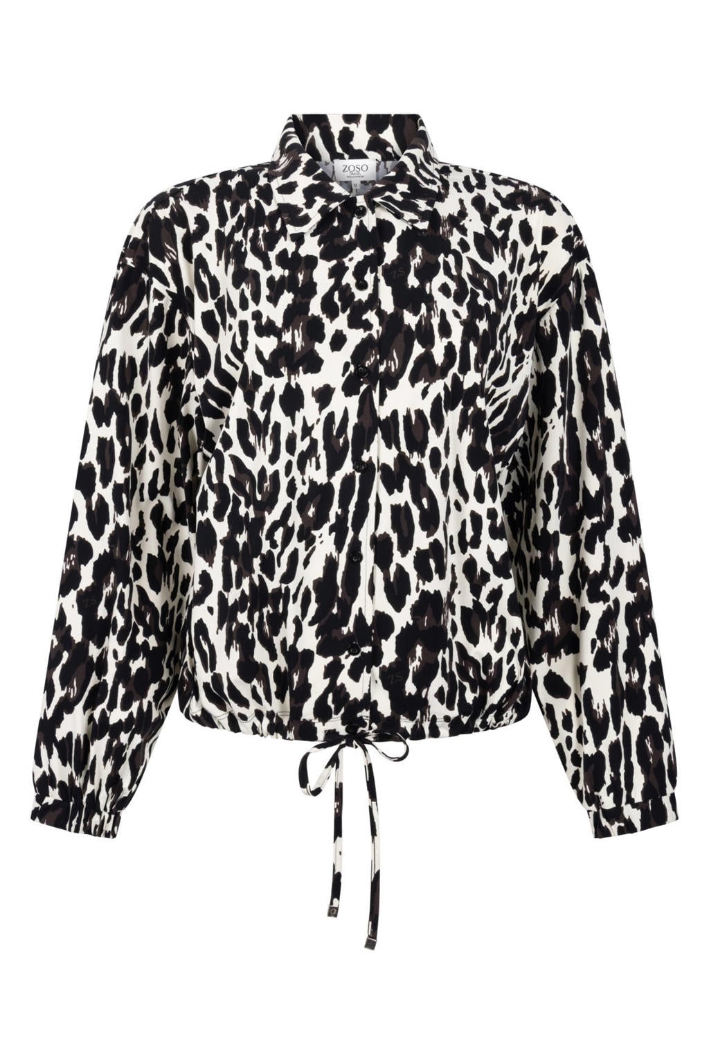 Zwarte dames Zoso blouse van polyamide met panterprint, lange mouwen, klassieke kraag en knoopsluiting