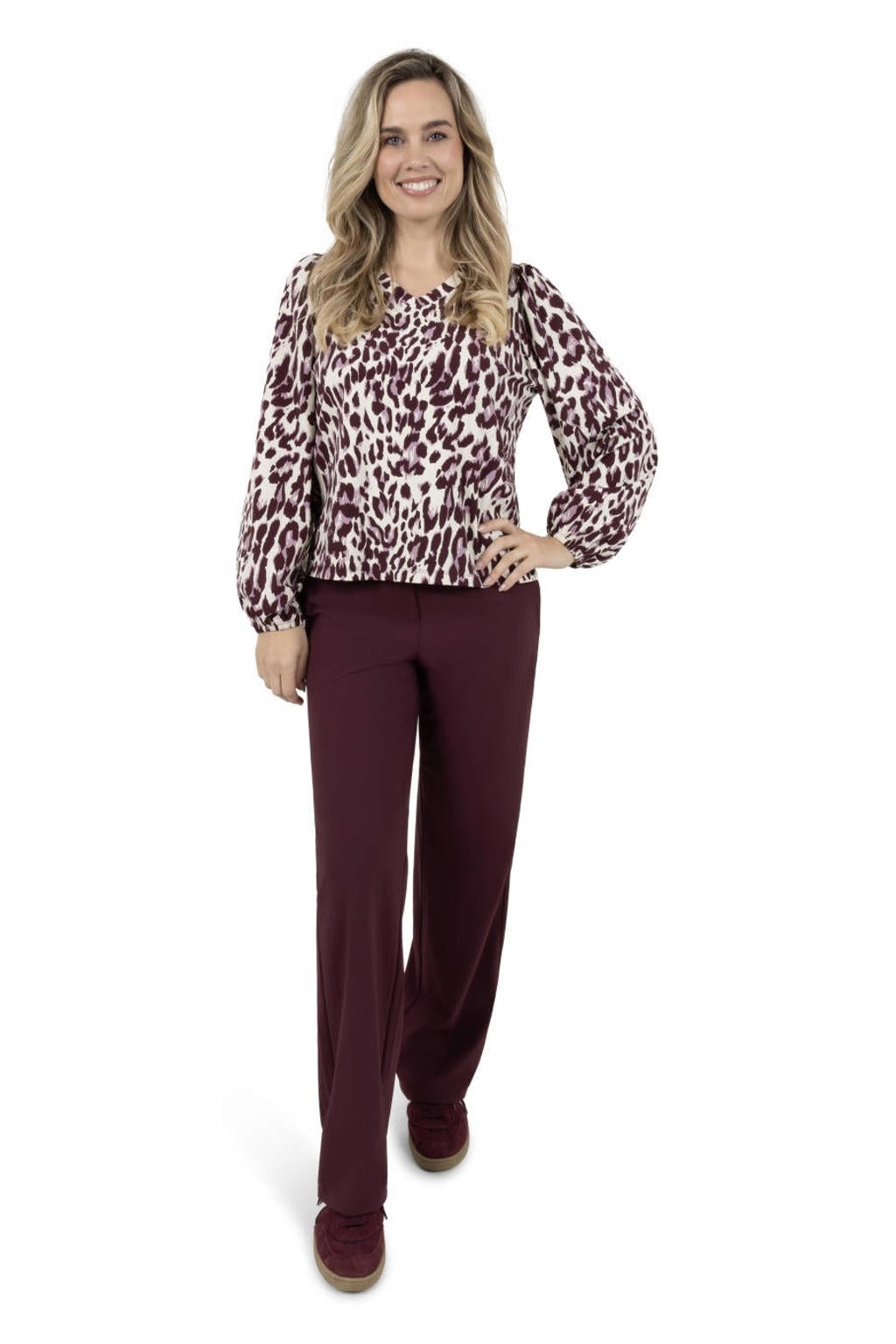 Multikleurige dames Zoso top meerkleurig van polyamide met panterprint, lange mouwen en V-hals