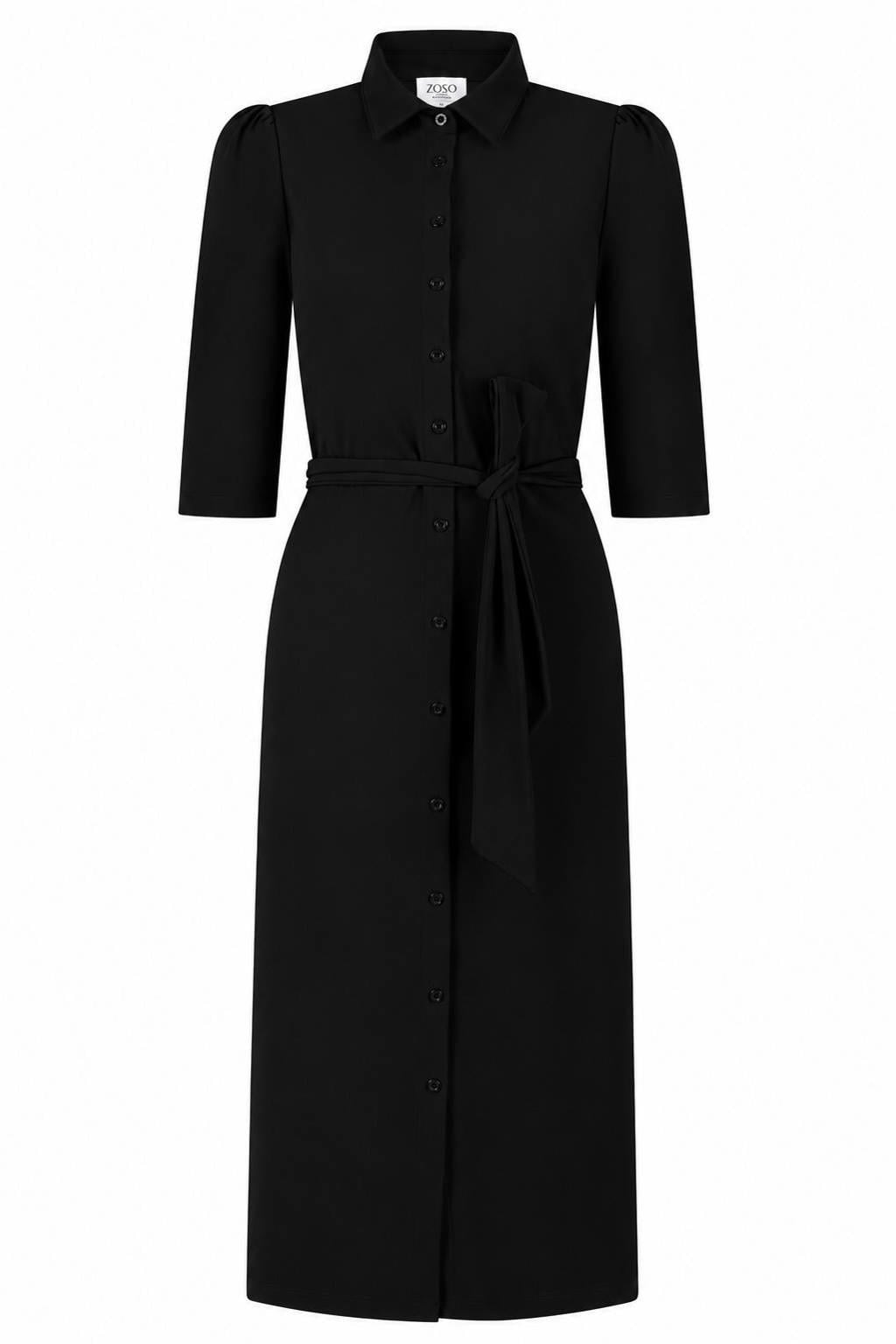 Zwarte dames Zoso blousejurk met effen, driekwart mouwen, klassieke kraag en knoopsluiting