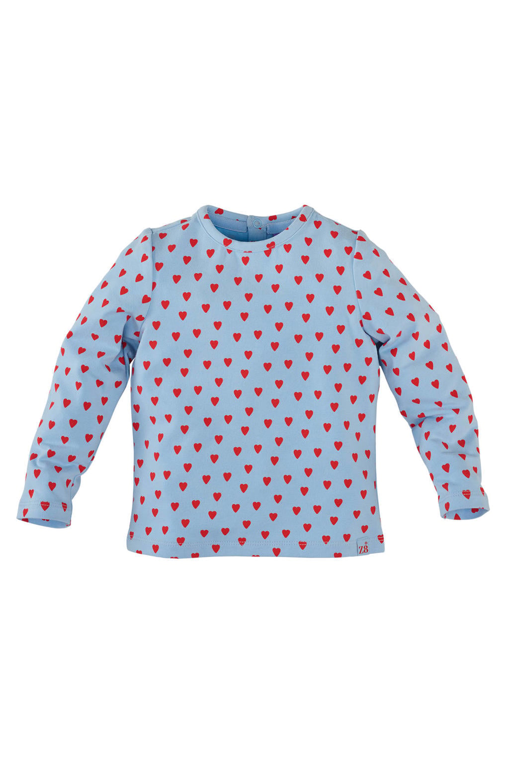 Lichtblauw en rode meisjes Z8 mini longsleeve Rozemarijn van katoen met hartjesprint, lange mouwen, rolkraag en drukknoopsluiting
