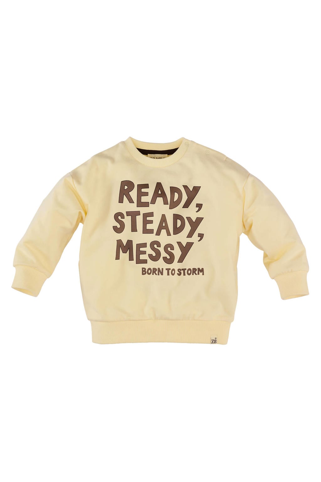 Lichtgele jongens Z8 mini sweater Maarten met printopdruk, lange mouwen en ronde hals