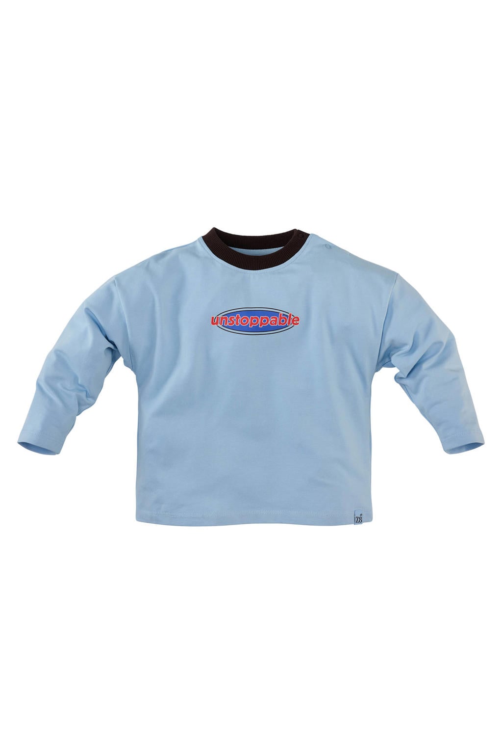 Lichtblauwe jongens Z8 mini longsleeve Jent met tekst print, lange mouwen, ronde hals en drukknoopsluiting