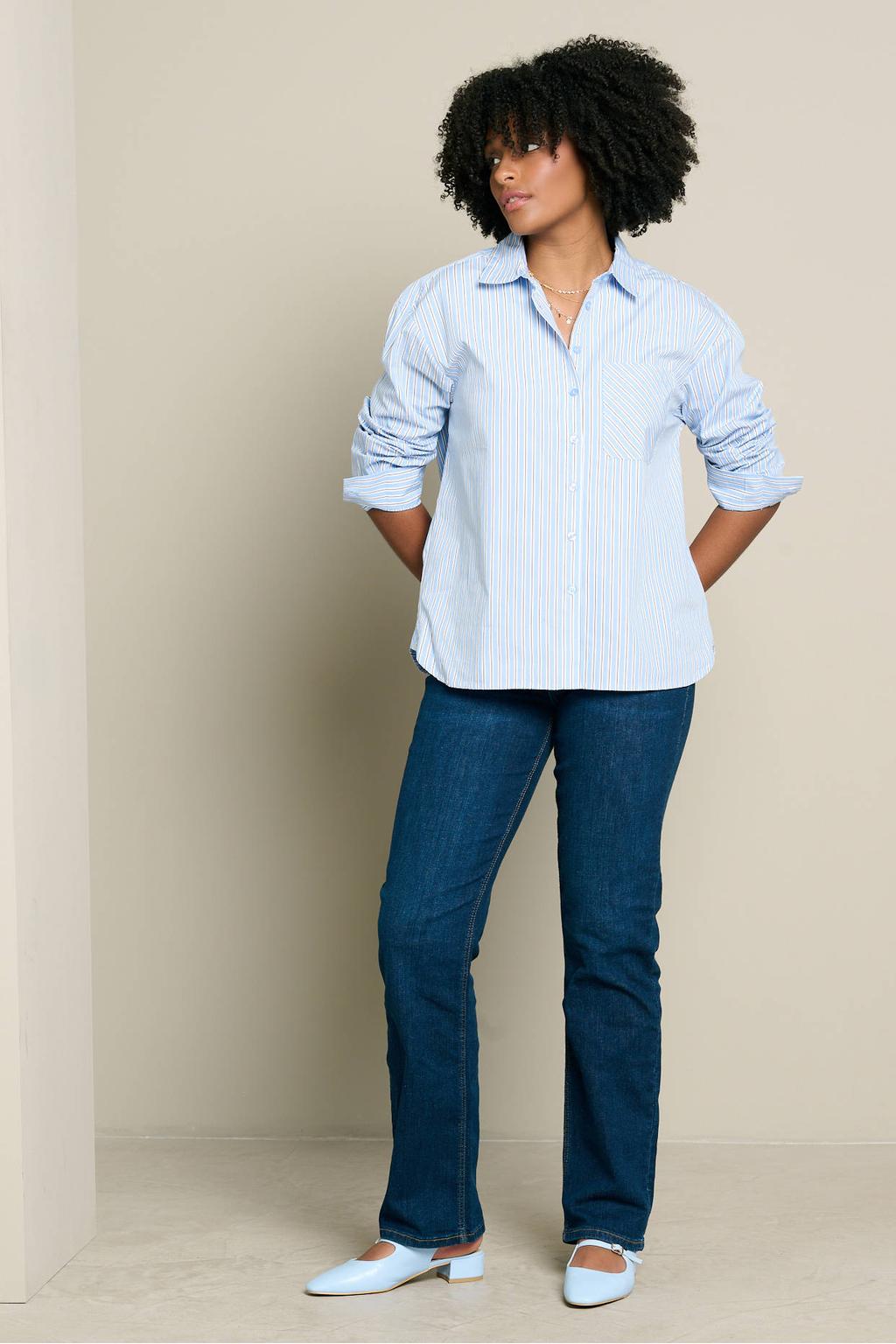 Blauwe dames LOLALIZA gestreepte blouse van polyester met lange mouwen, klassieke kraag en knoopsluiting