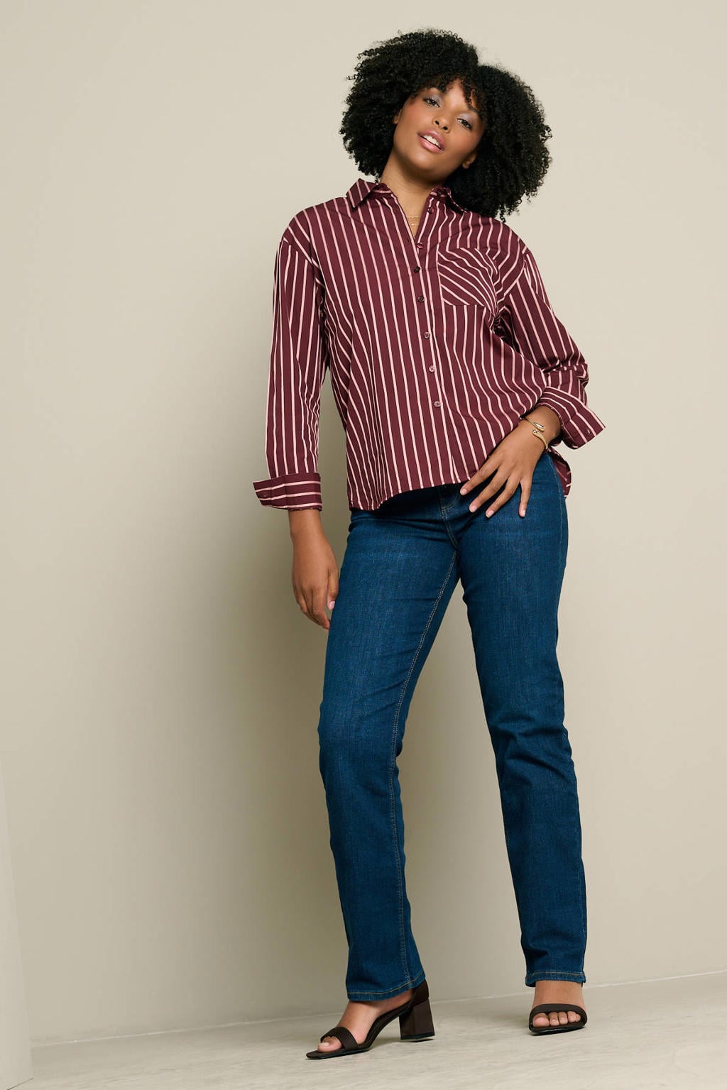Donkerrode dames LOLALIZA gestreepte blouse van polyester met lange mouwen, klassieke kraag en knoopsluiting
