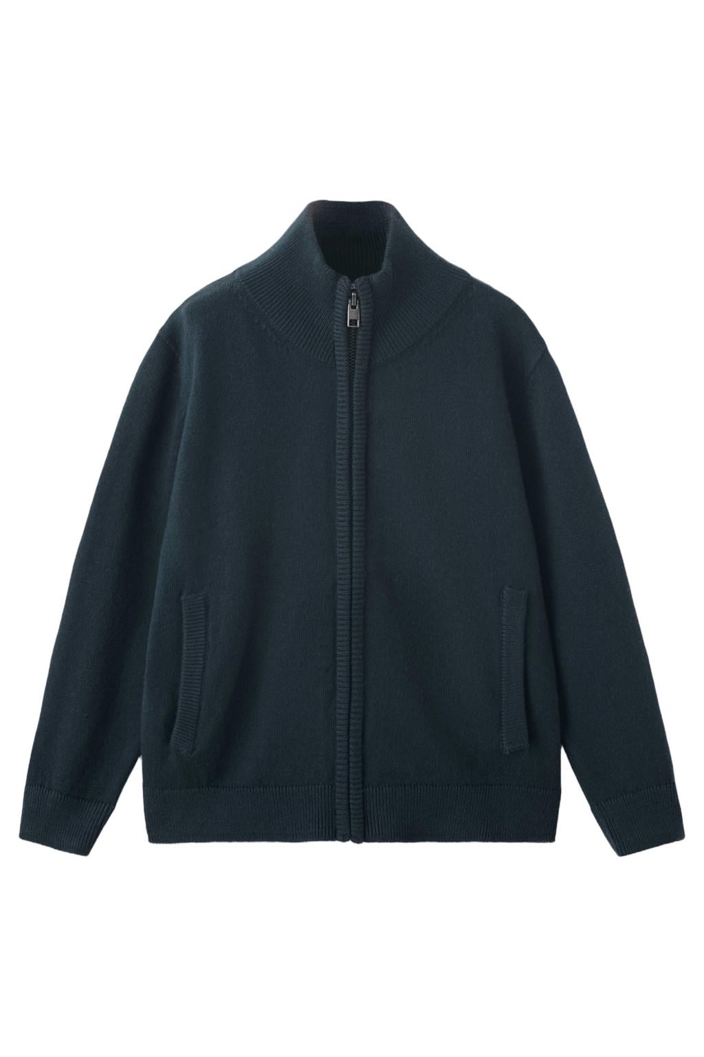 Marineblauw jongens Mango Kids katoenen gebreide vest blauw met lange mouwen en opstaande kraag