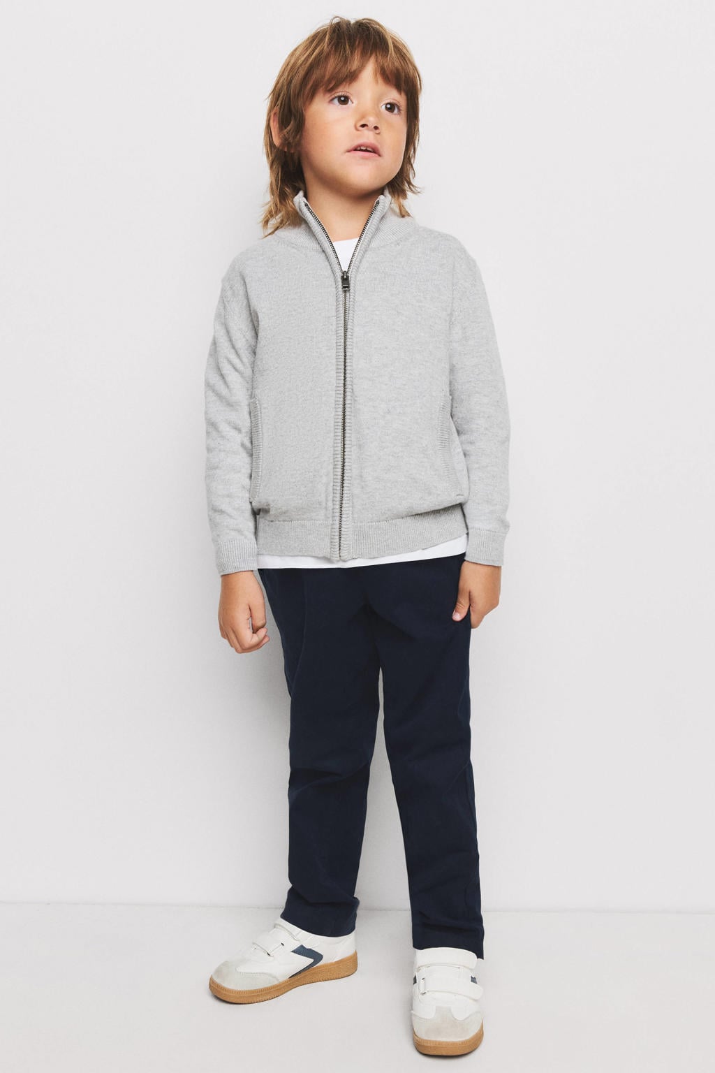 Grijze jongens Mango Kids katoenen gebreide vest met lange mouwen en opstaande kraag