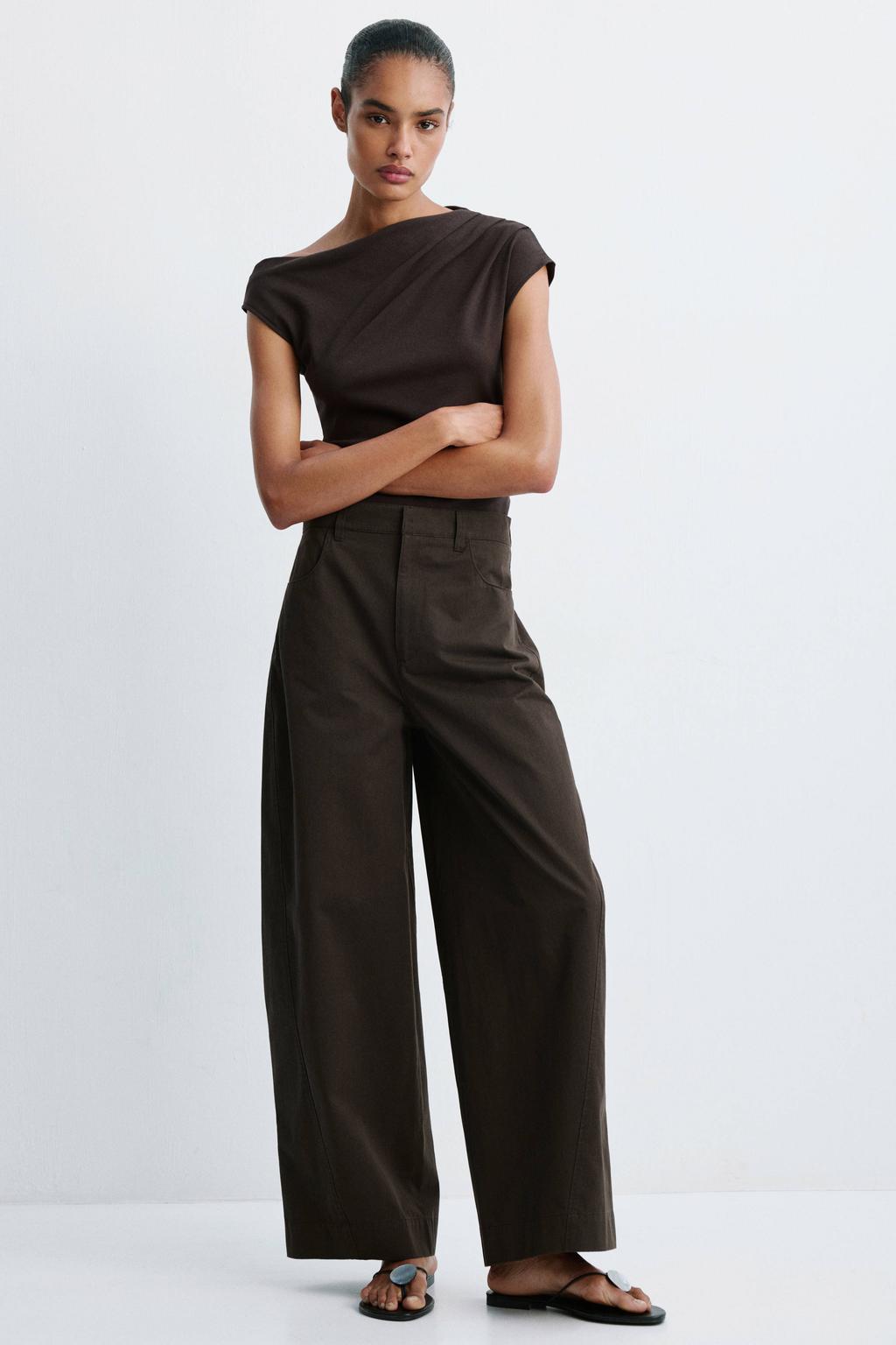 Bruine dames Mango wide leg jeans van katoen met rits- en knoopsluiting en effen