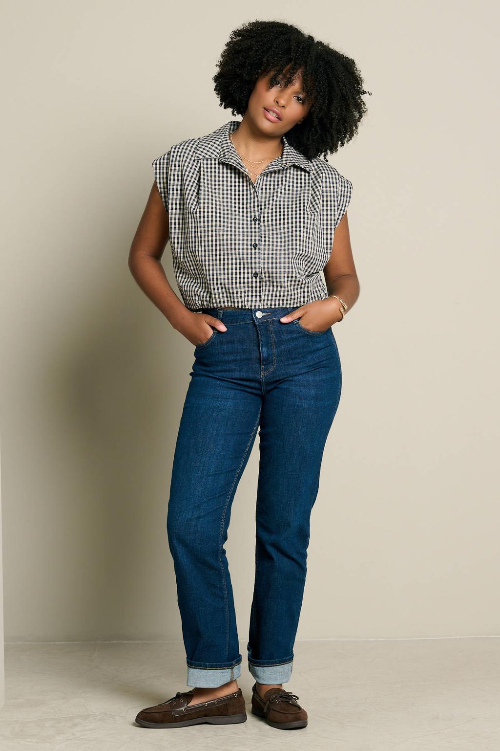 Donkerblauwe dames LOLALIZA geruite blouse van polyester met korte mouwen, klassieke kraag en knoopsluiting