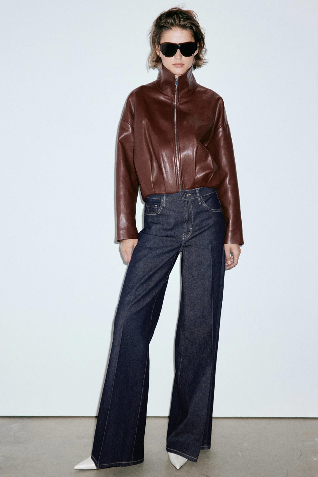 Dark blue denim dames Mango wide leg jeans van denim met rits- en knoopsluiting en effen