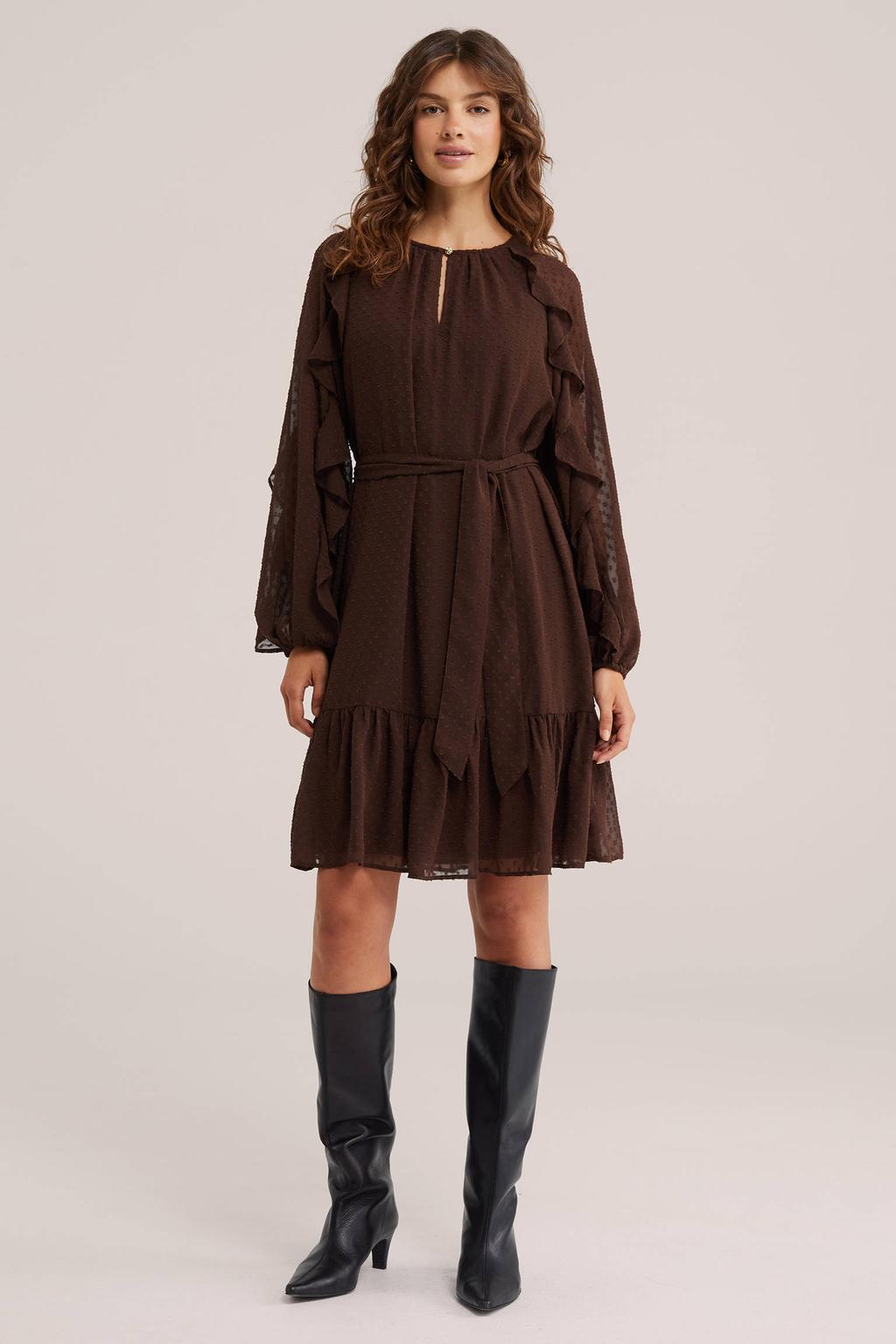 Bruine dames WE Fashion korte jurk van polyester met effen, lange mouwen en ronde hals