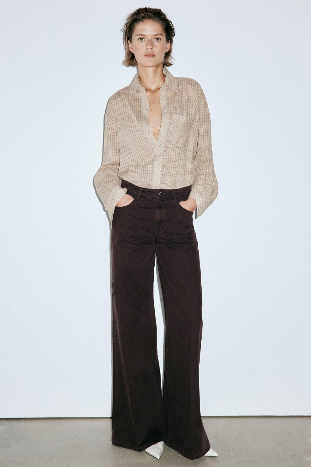 Bruine dames Mango wide leg jeans van denim met high waist, rits- en knoopsluiting en effen