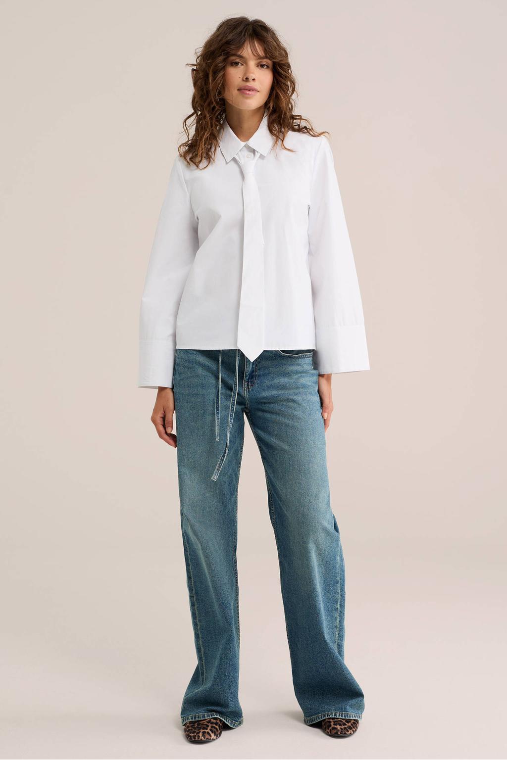 Witte dames WE Fashion blouse van polyester met effen, lange mouwen, klassieke kraag en knoopsluiting