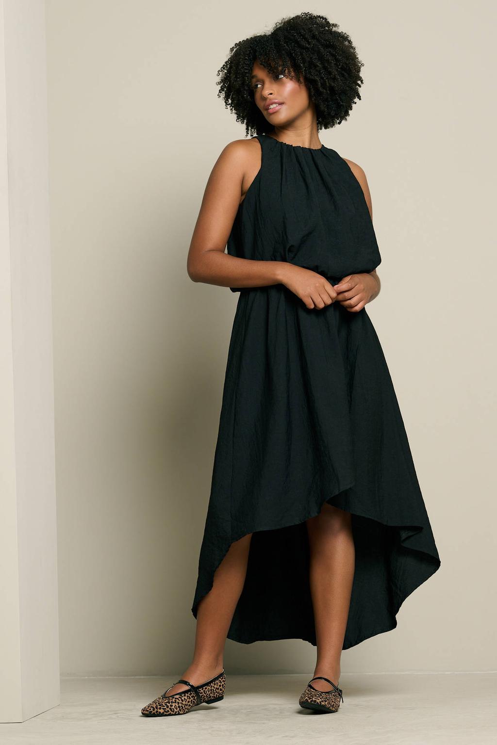 Zwarte dames LOLALIZA asymmetrische jurk van polyester met effen en ronde hals
