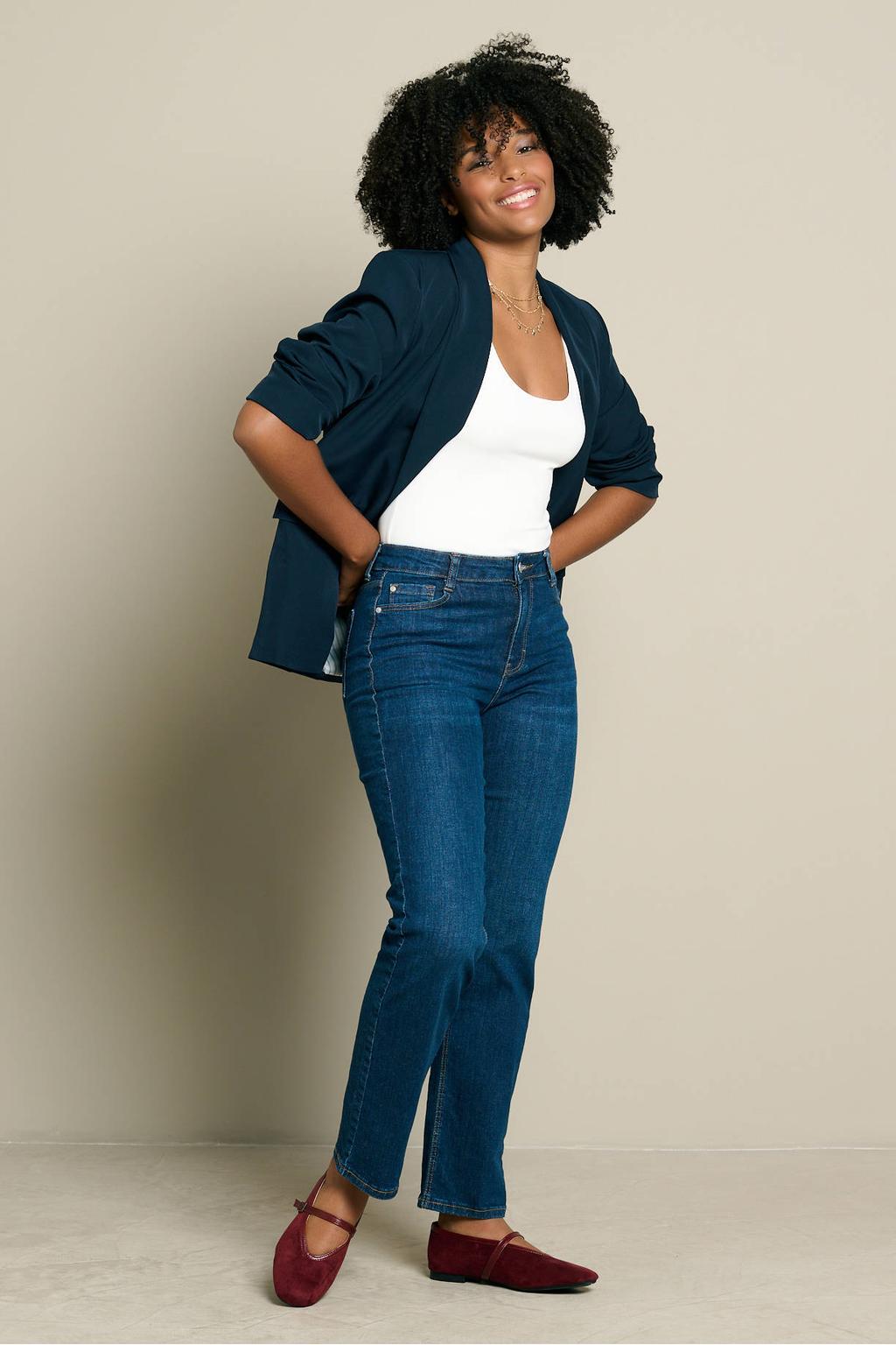 Dark blue denim dames LOLALIZA straight leg jeans van denim met rits- en knoopsluiting en effen