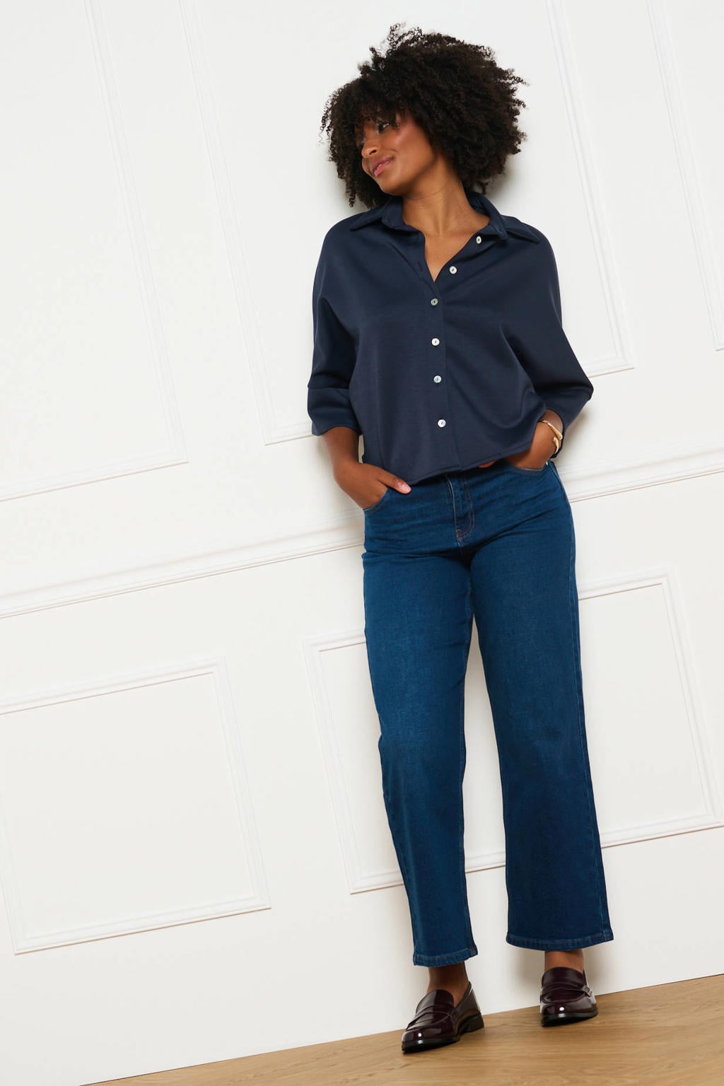 Donkerblauwe dames LOLALIZA Blouse- van polyester met effen, korte mouwen, klassieke kraag en knoopsluiting