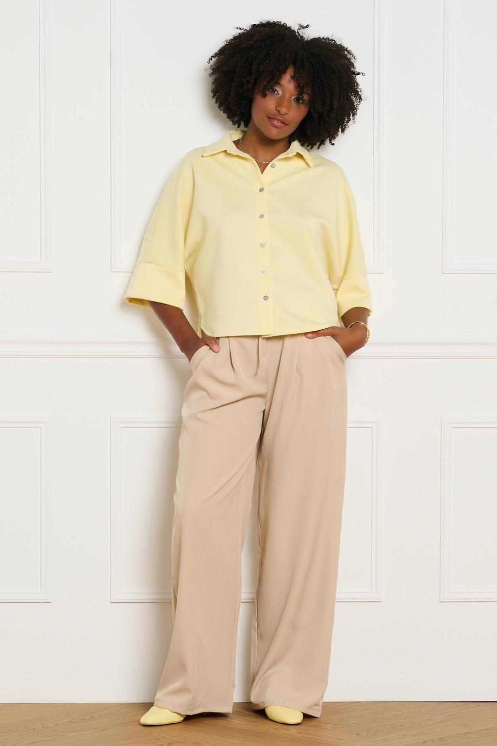 Gele dames LOLALIZA Blouse- van polyester met effen, korte mouwen, klassieke kraag en knoopsluiting