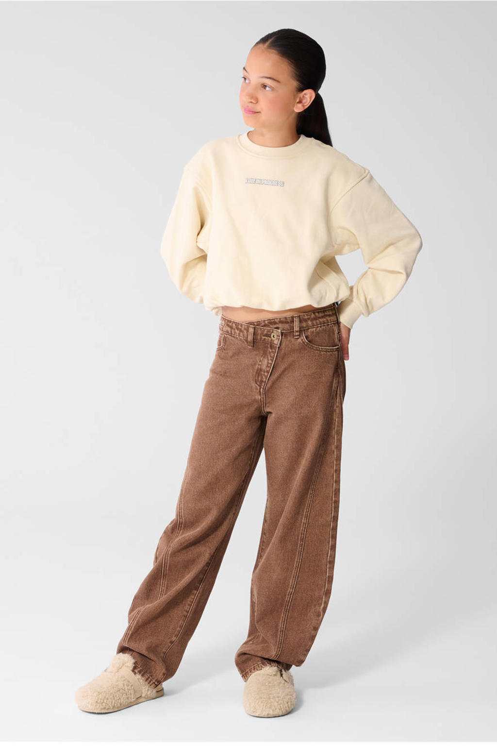 Ecru meisjes Shoeby sweater van katoen met backprint, lange mouwen en ronde hals
