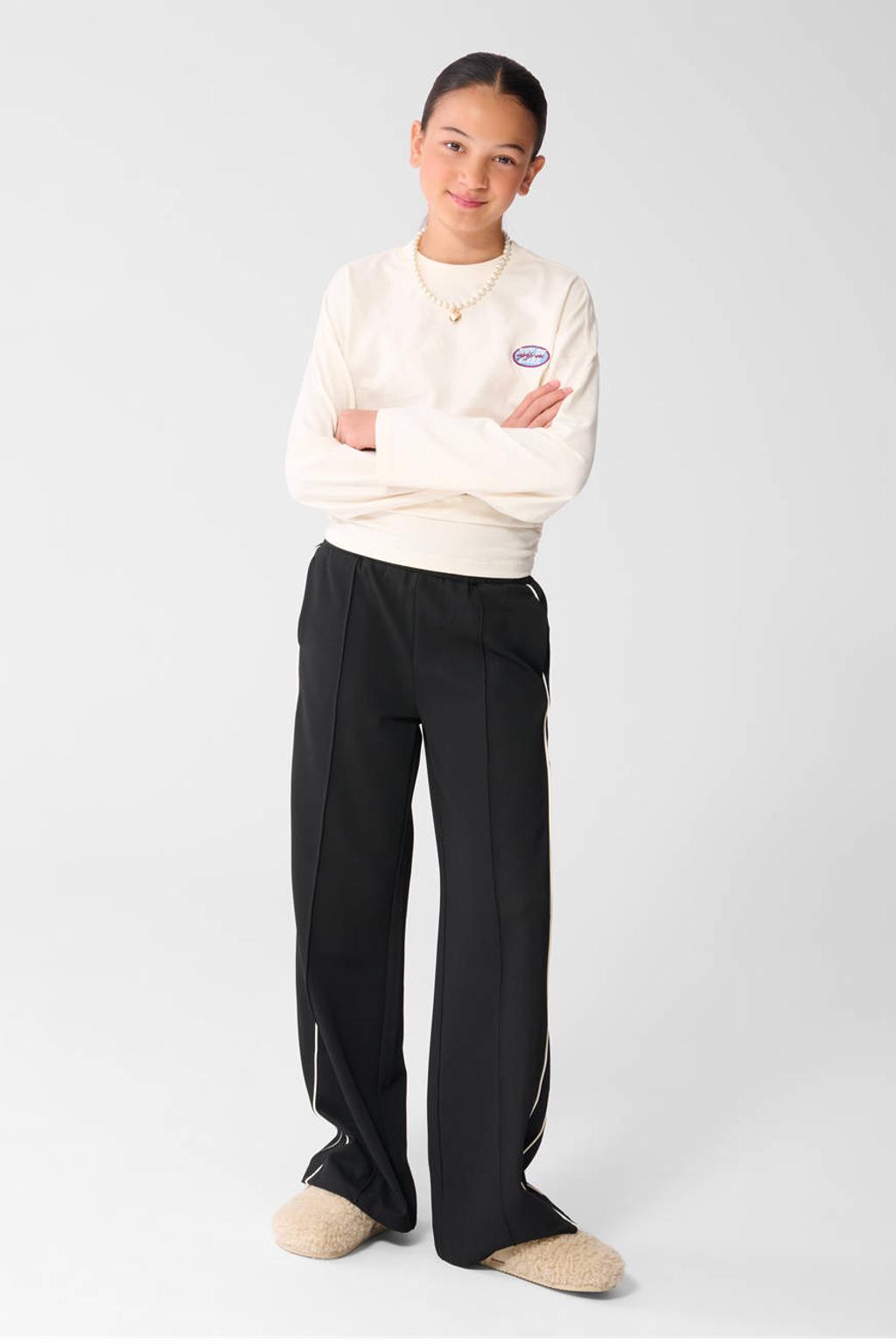 Zwarte meisjes Shoeby casual broek van polyester met high waist, elastische veter en effen