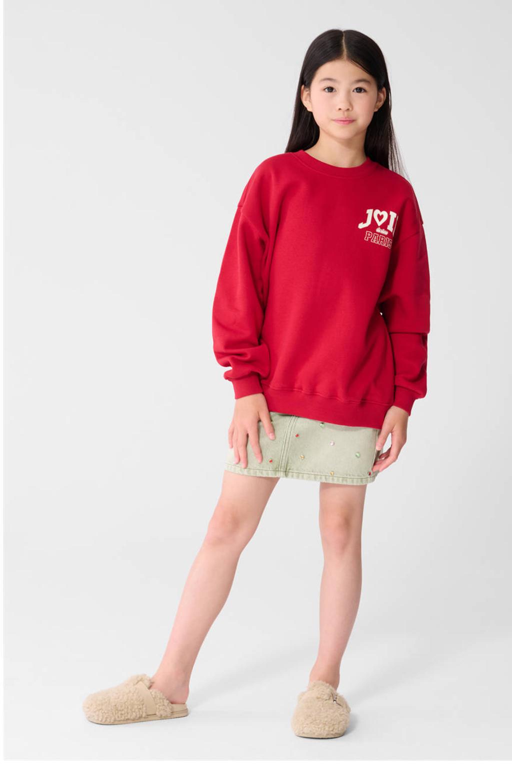 Rode meisjes Shoeby sweater van katoen met tekst print, lange mouwen, ronde hals en geribde boorden
