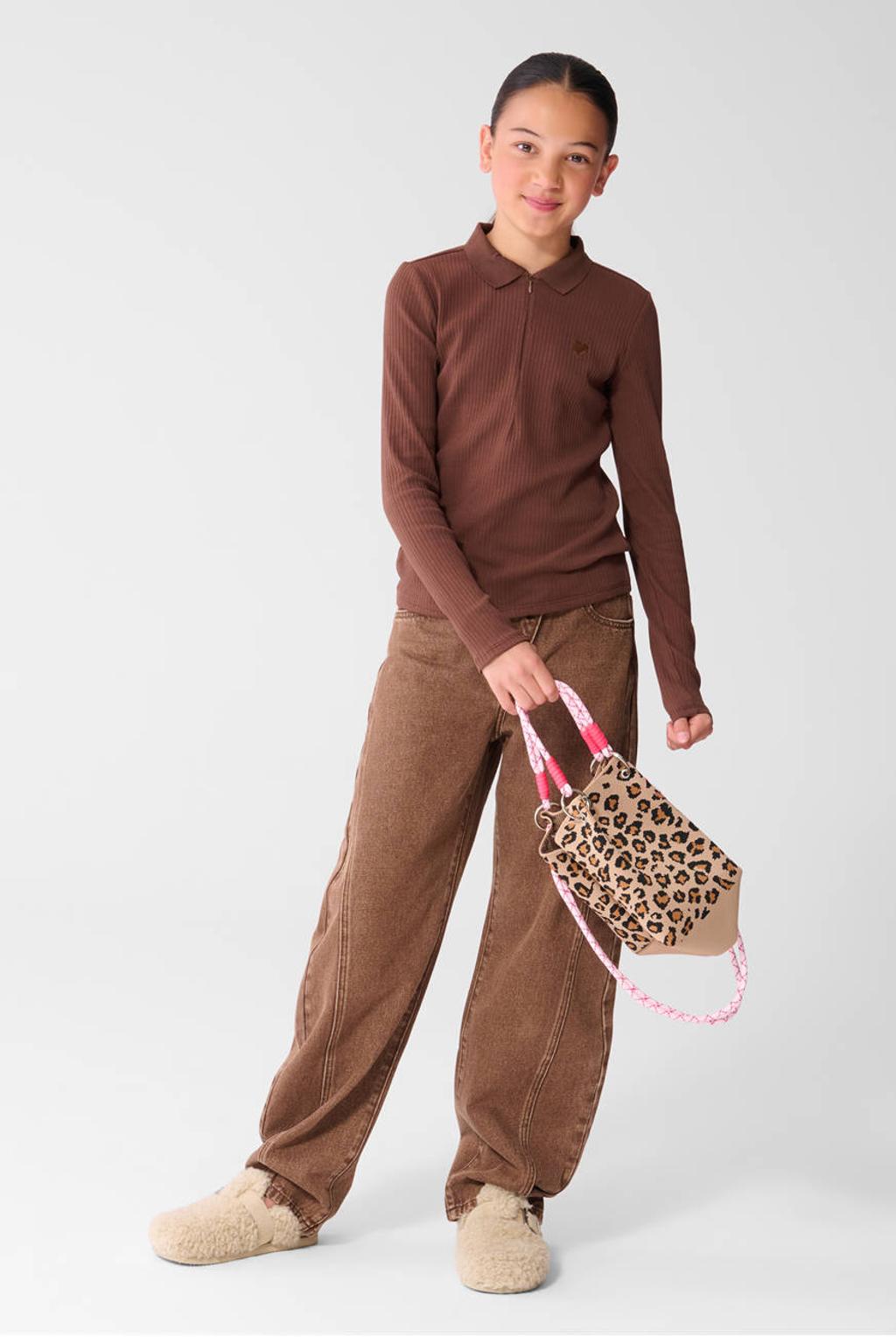Bruine meisjes Shoeby longsleeve van katoen met effen, lange mouwen, klassieke kraag en rits- en klittenbandsluiting