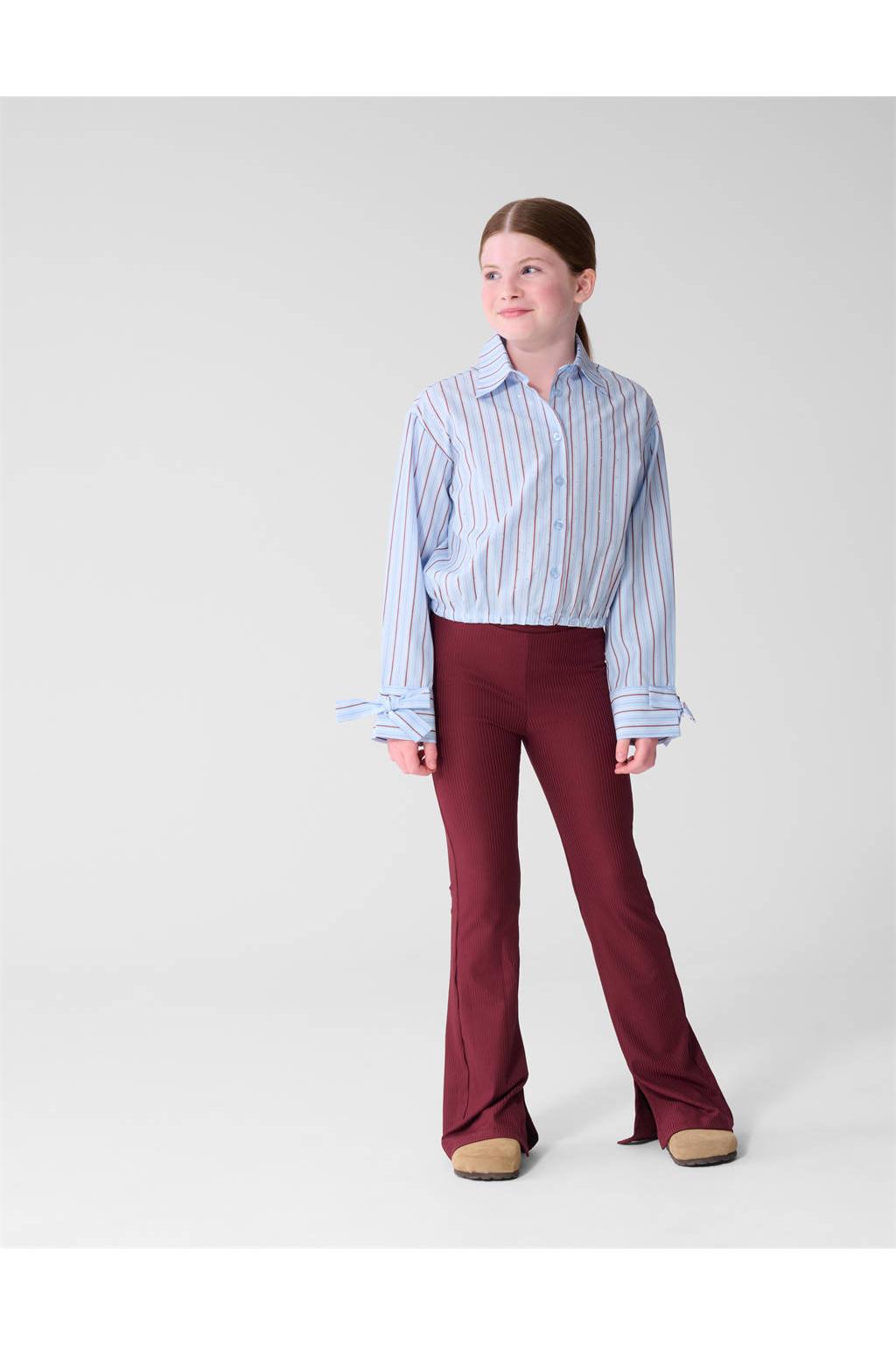 Lichtblauwe meisjes Shoeby gestreepte blouse van polyester met lange mouwen, klassieke kraag, knoopsluiting en strass steentjes