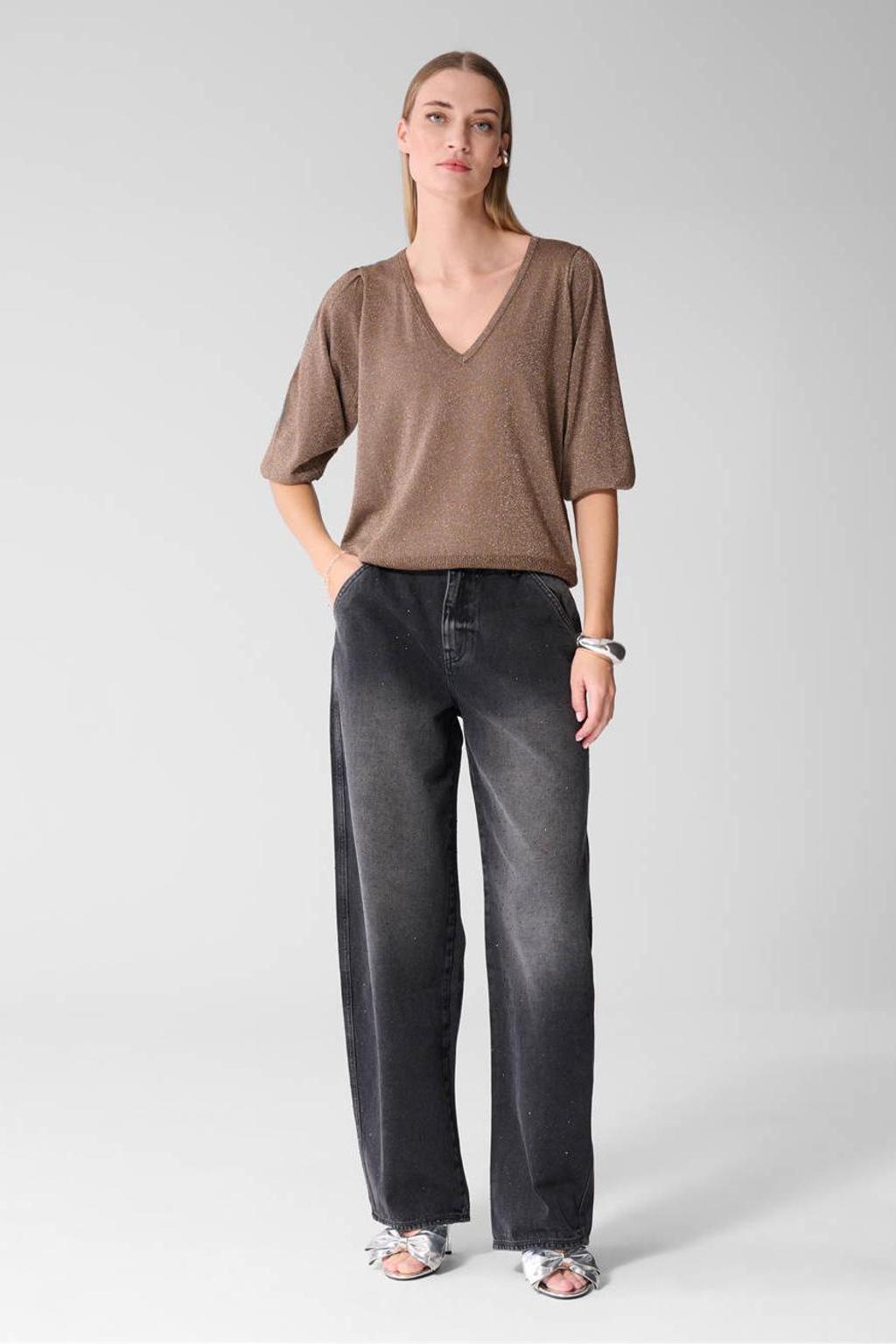 Taupe dames Shoeby top van viscose met effen, driekwart mouwen, V-hals en glitters
