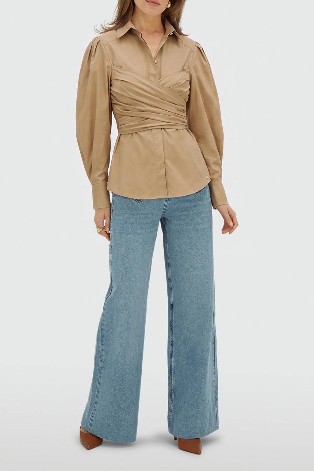 Lichtkaki dames JOSH V blouse van katoen met effen, lange mouwen, klassieke kraag, knoopsluiting en overslag detail