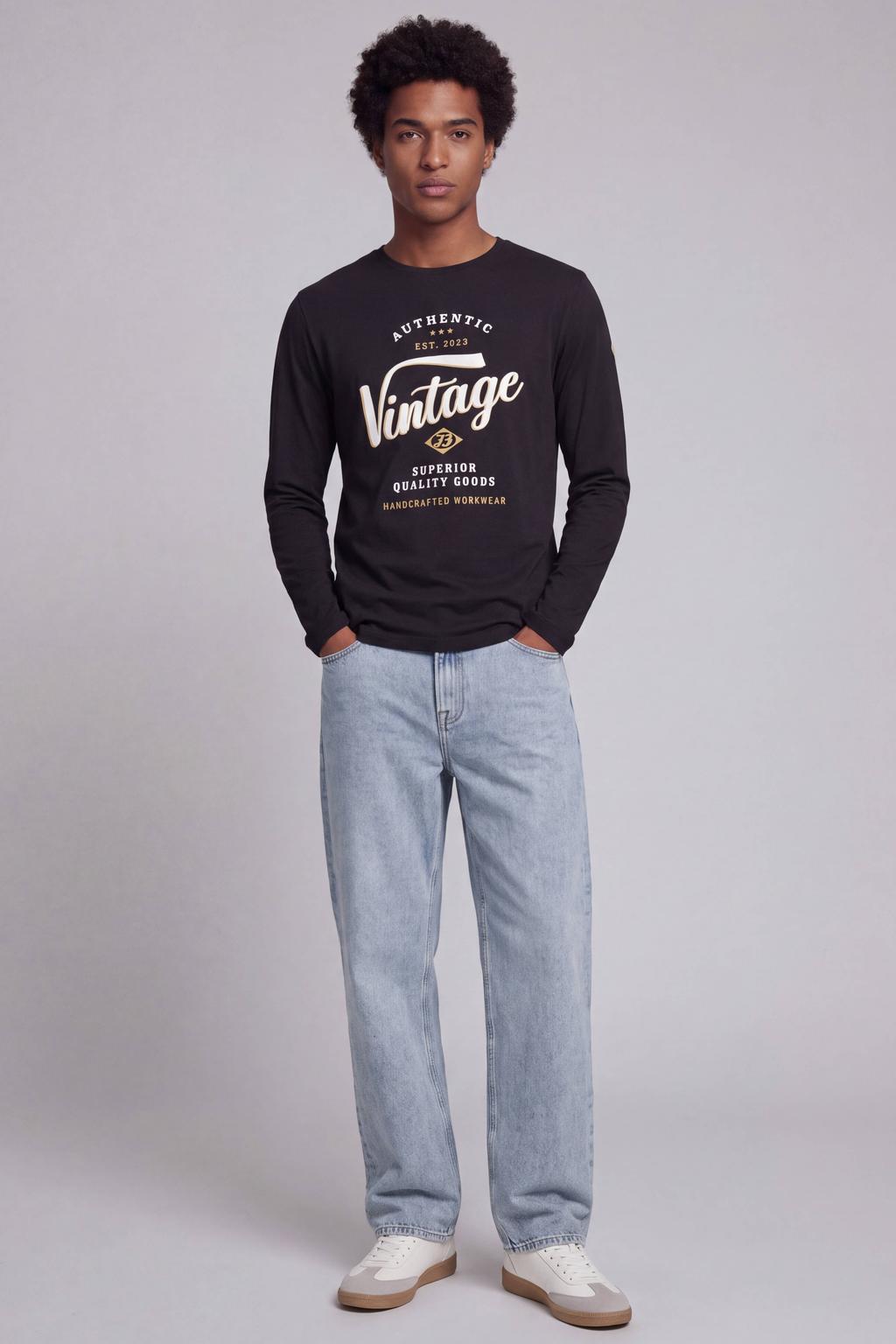 Zwarte heren JJ REBEL regular fit longsleeve van katoen met lange mouwen en ronde hals