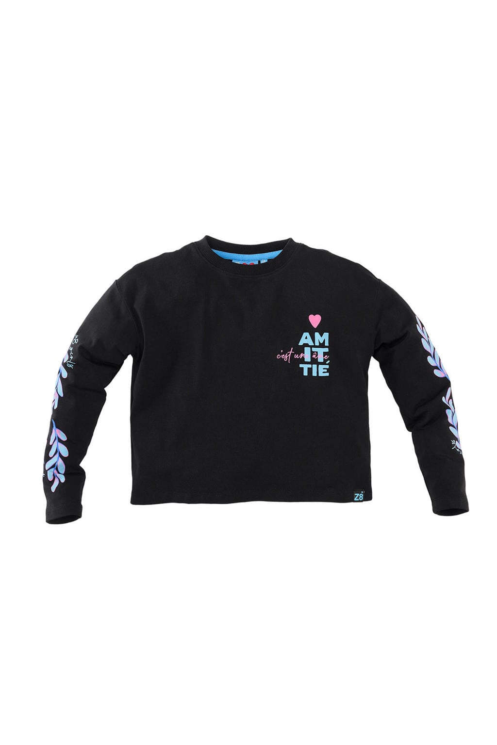 Zwart en lichtblauwe meisjes Z8 kids longsleeve van stretchkatoen met printopdruk, lange mouwen en ronde hals