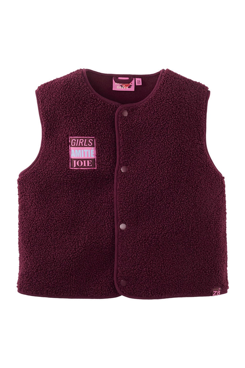Donkerrode meisjes Z8 kids teddy gilet Lilou met effen, ronde hals en drukknoopsluiting