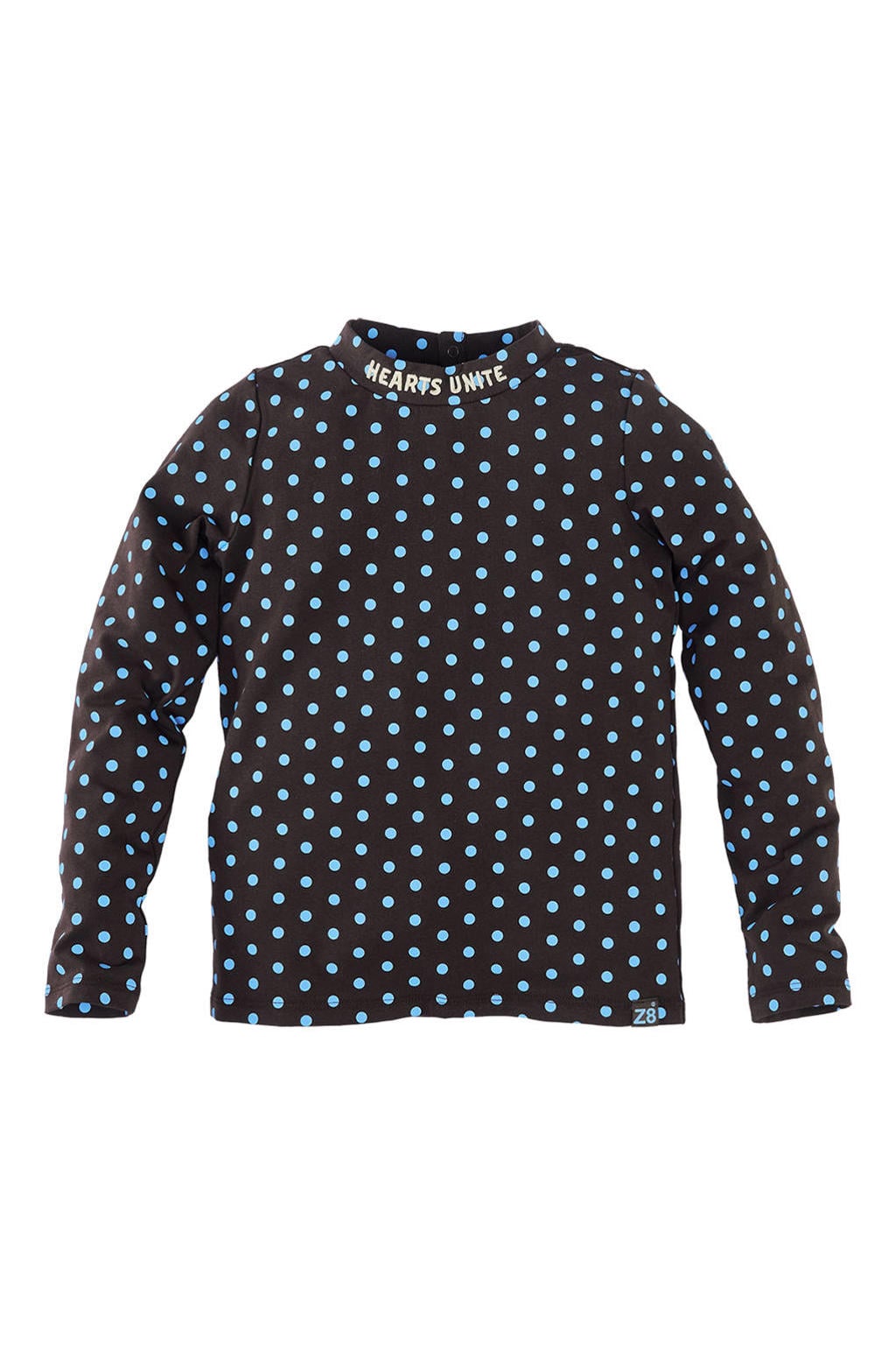 Donkerbruin en blauwe meisjes Z8 kids longsleeve Yibbie van stretchkatoen met stippenprint, lange mouwen, opstaande kraag en drukknoopsluiting