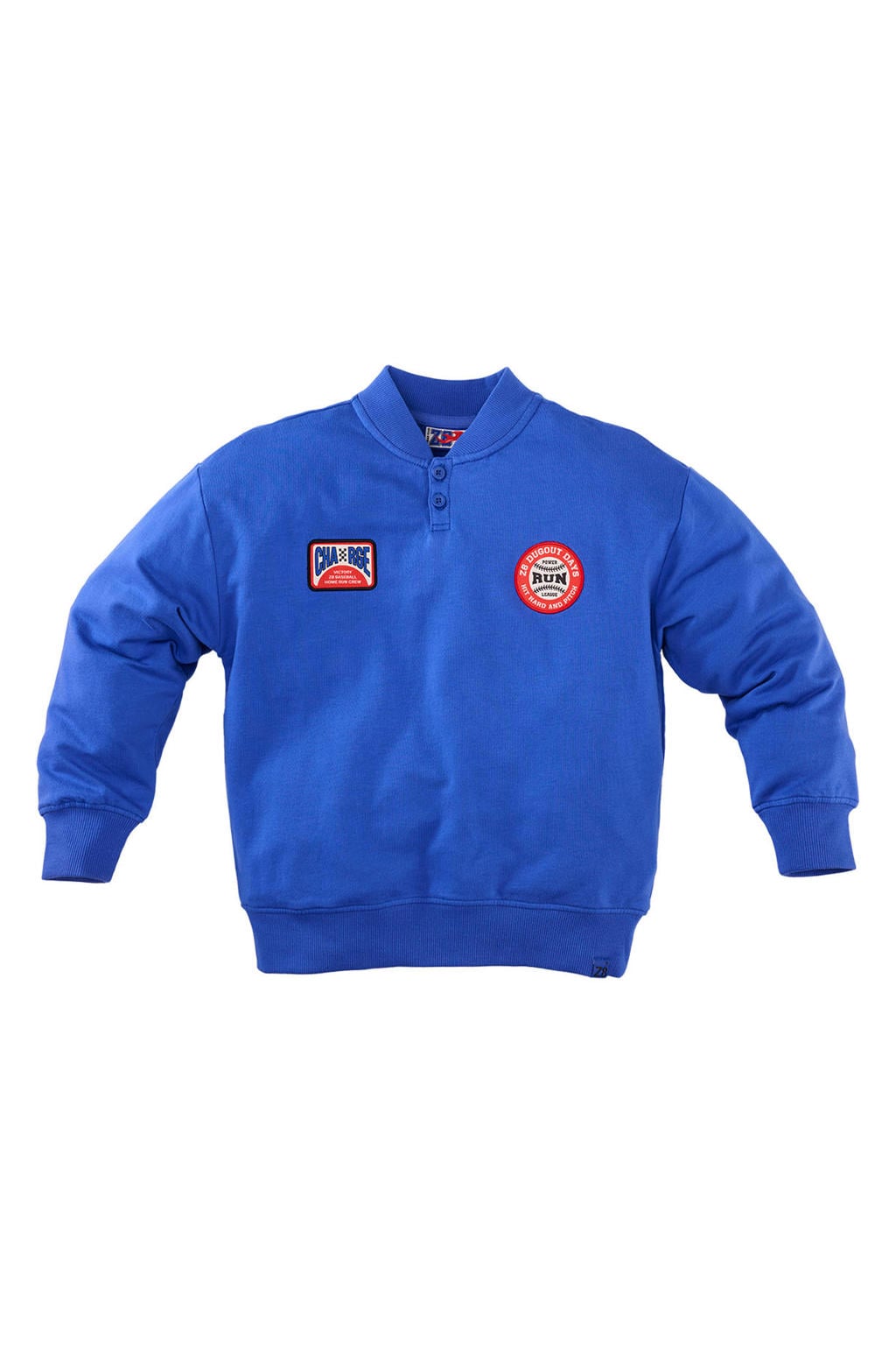 Blauwe jongens Z8 kids sweater Jaylen van stretchkatoen met printopdruk, lange mouwen, ronde hals, knoopsluiting en patches
