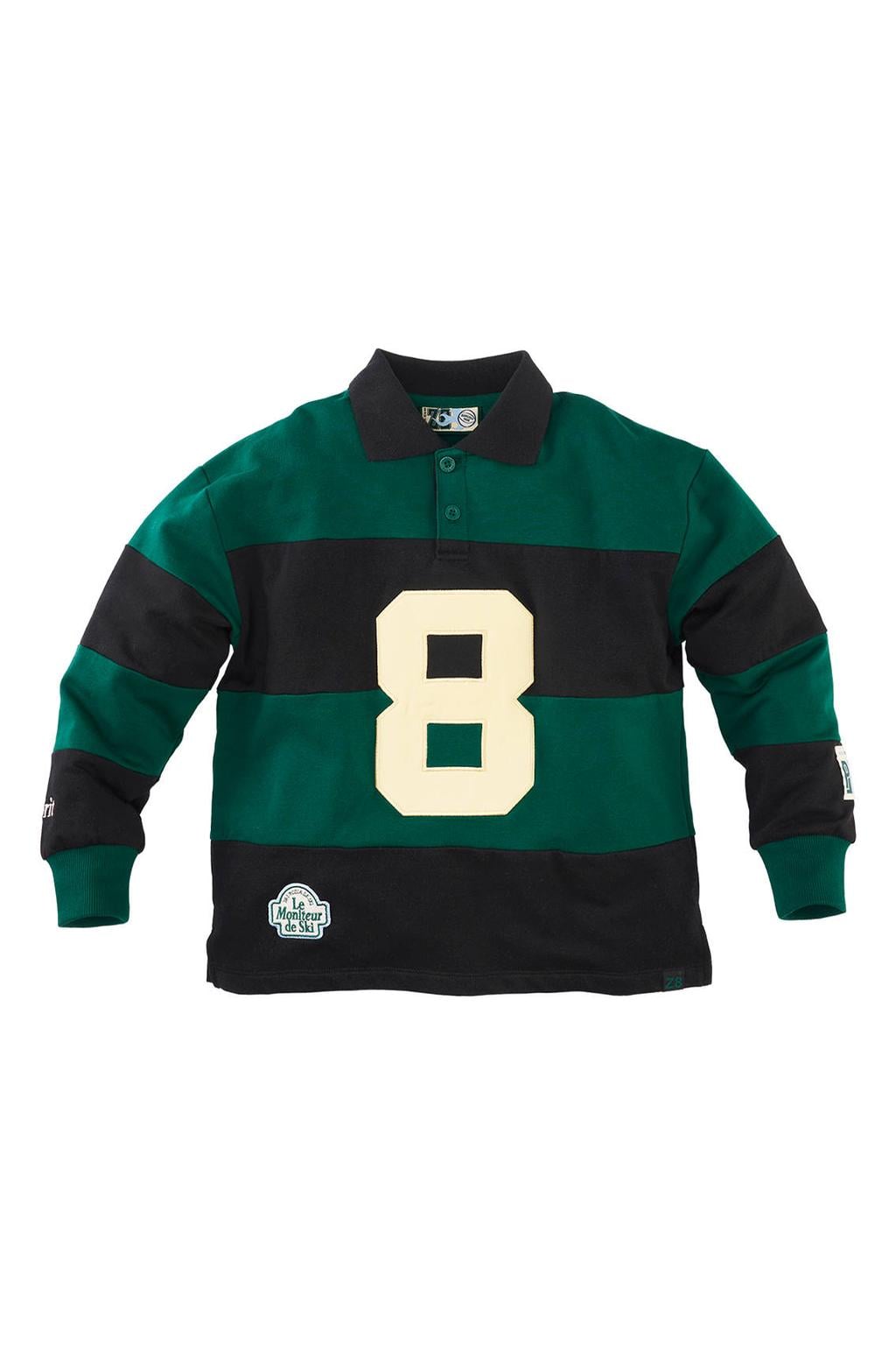 Donkergroen en zwarte jongens Z8 kids sweater Booker met printopdruk, lange mouwen, polo kraag, knoopsluiting en patches