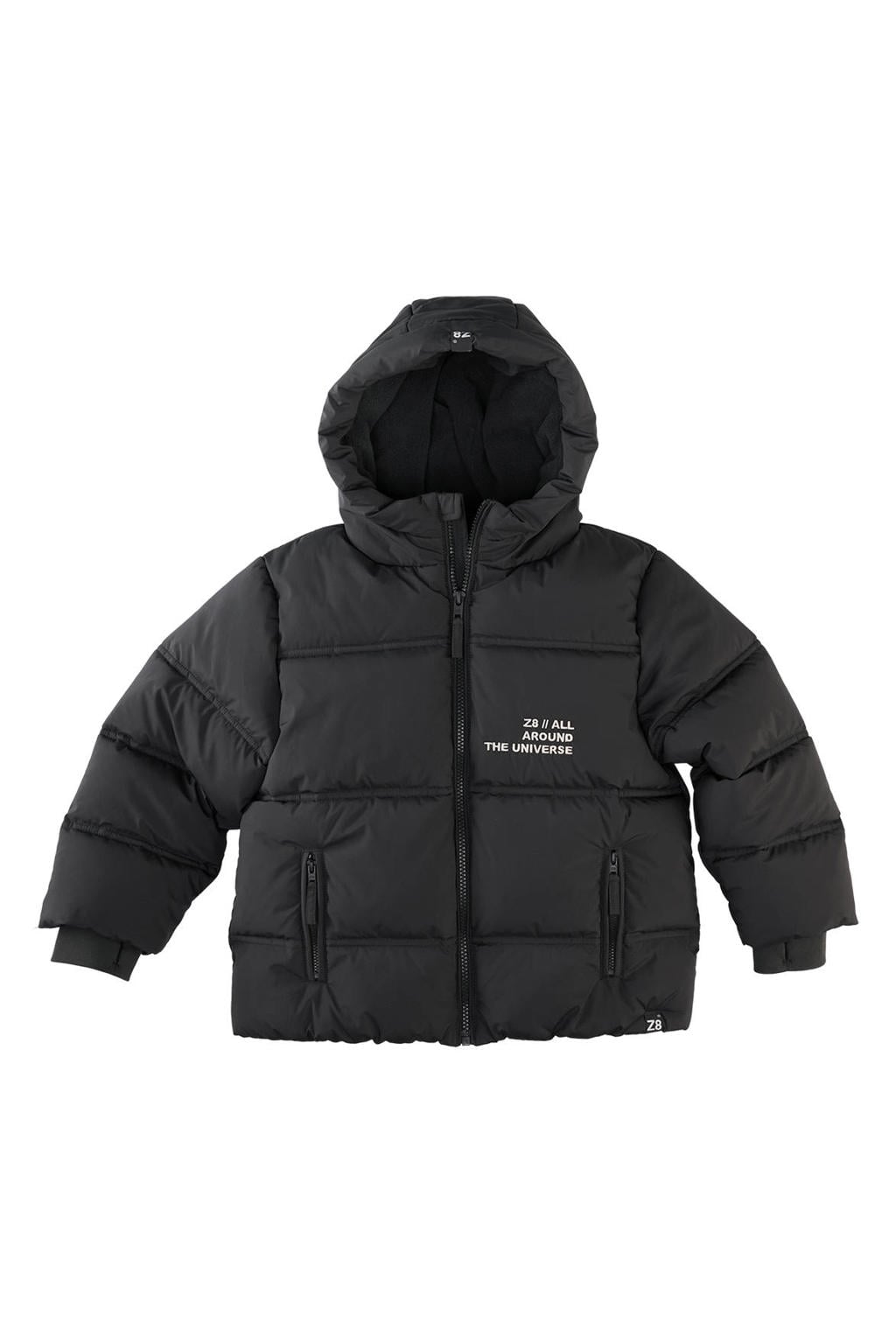 Zwarte jongens Z8 kids puffer winterjas Camillo van polyester met tekst print, lange mouwen, capuchon en ritssluiting