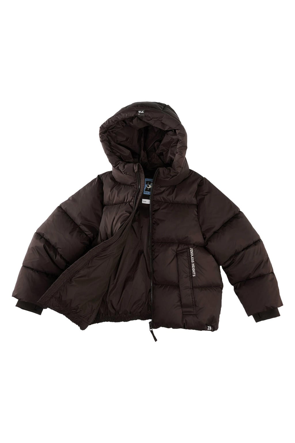 Donkerblauwe jongens Z8 kids gewatteerde winterjas Baris van nylon met effen, lange mouwen en capuchon