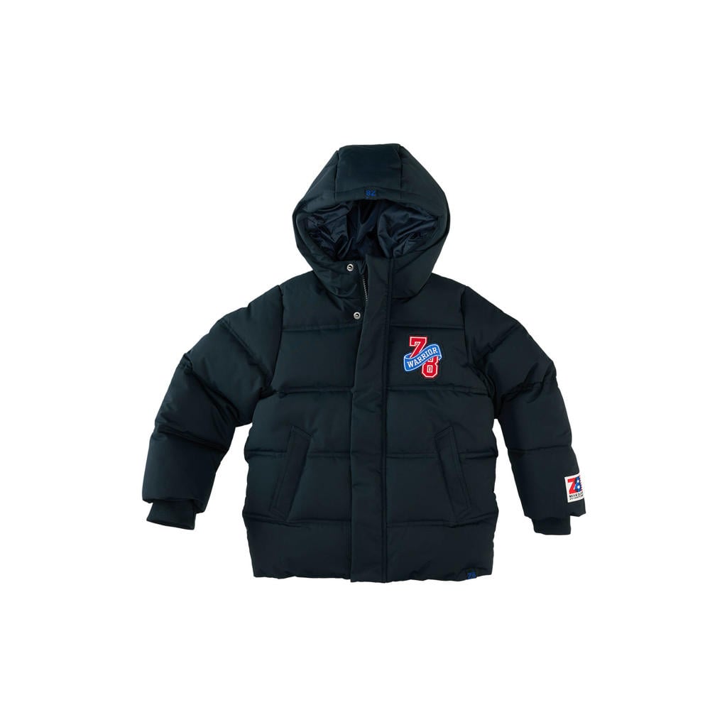 Zwarte jongens Z8 kids pufferjas van polyester met effen, lange mouwen, capuchon, ritssluiting en patches