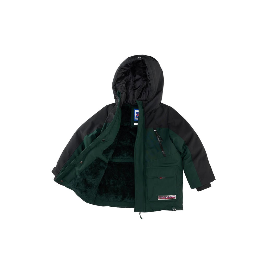 Donkergroene jongens Z8 kids winterjas van polyester met meerkleurige print, lange mouwen, capuchon en ritssluiting