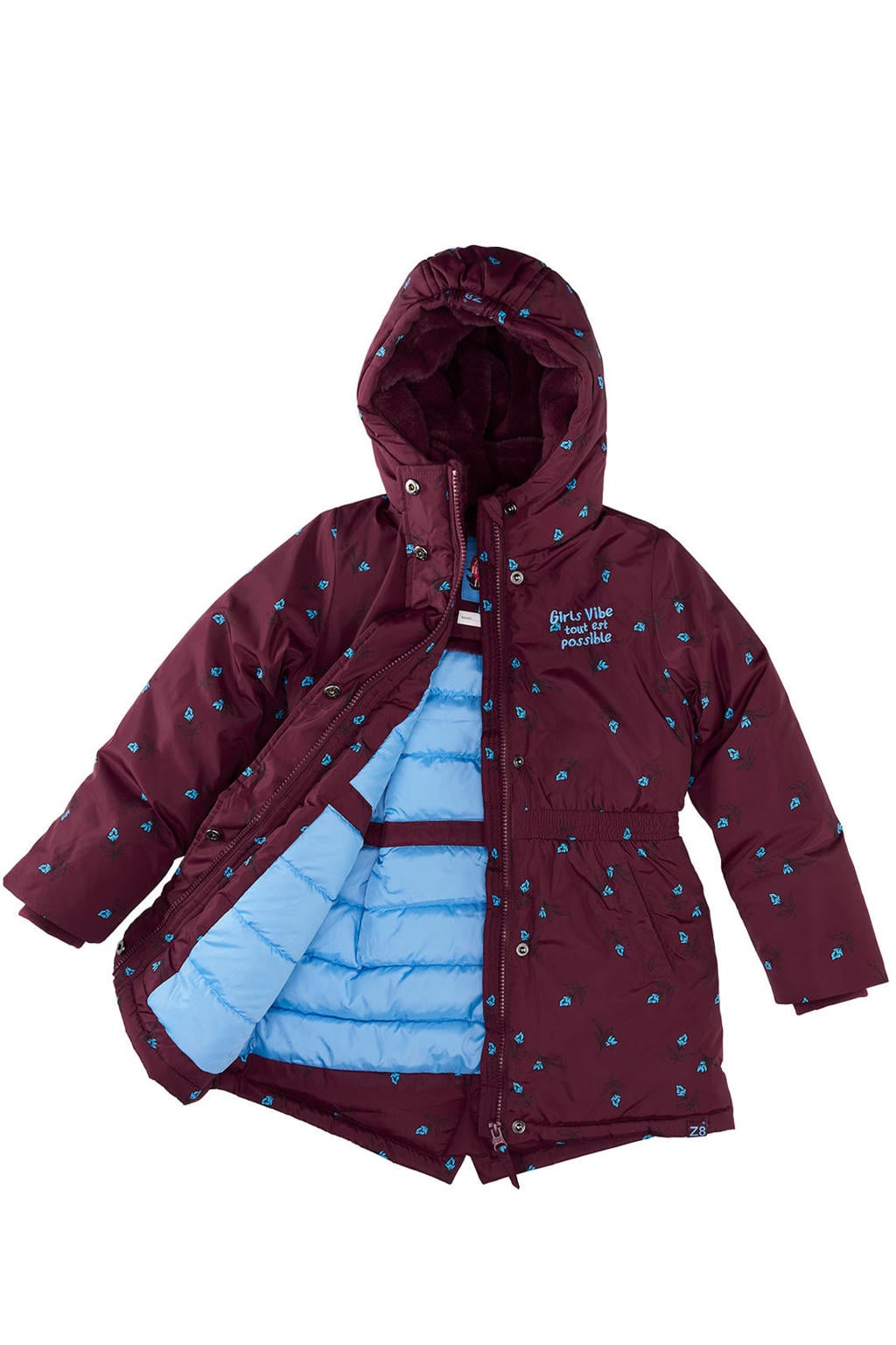 Donkerrood en blauwe meisjes Z8 kids winterjas Arieke van polyester met lange mouwen, capuchon, ritssluiting en geribde boorden
